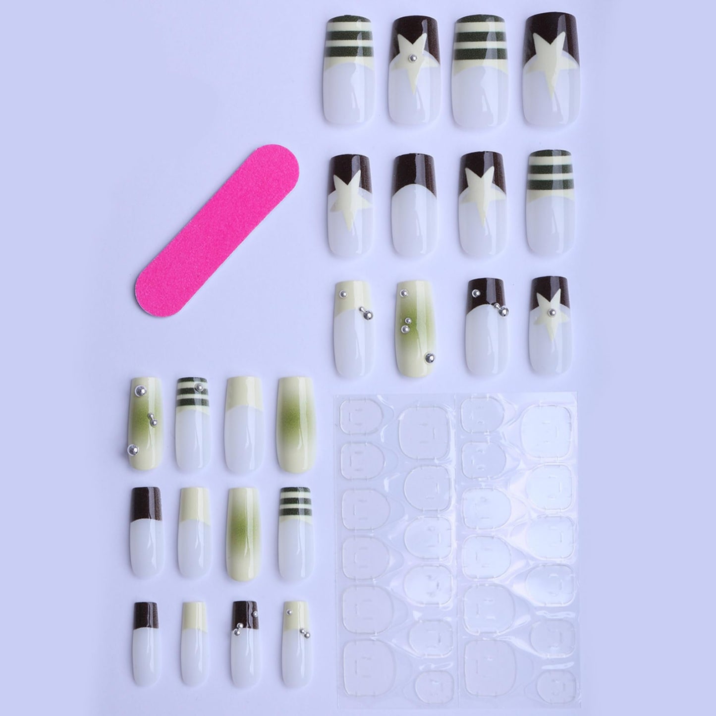 octoswave Press on Nails Square Medium Fake Nails French Artificial Nail with Rhinestones Charm Stick on Nail for Women 24 Pieces