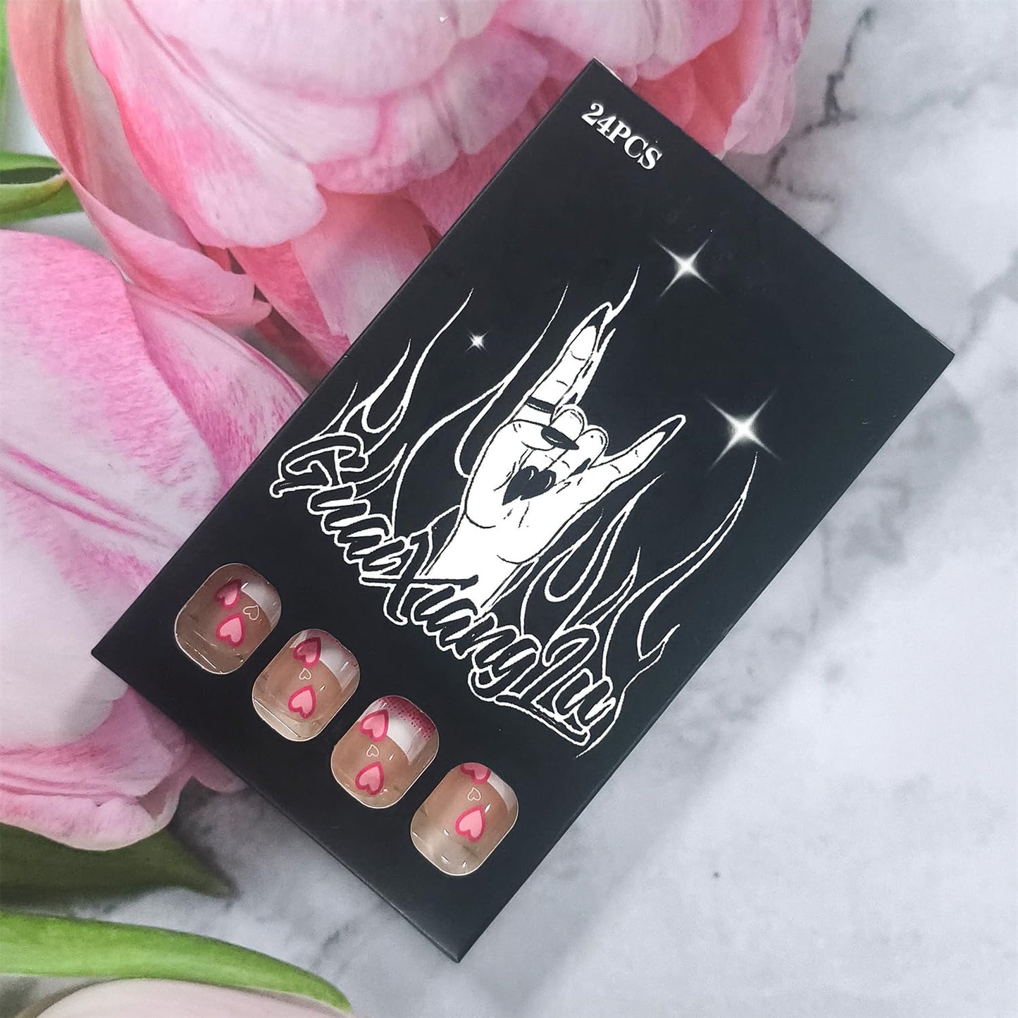 Valentines Press on Nails Short Square Artificial Acrylic Fingernails French Glitter Tip False Nails Pink Love Coffin Nail Full Cover Glossy Heart Stick on Nail for Women Festival Manicure 24Pcs