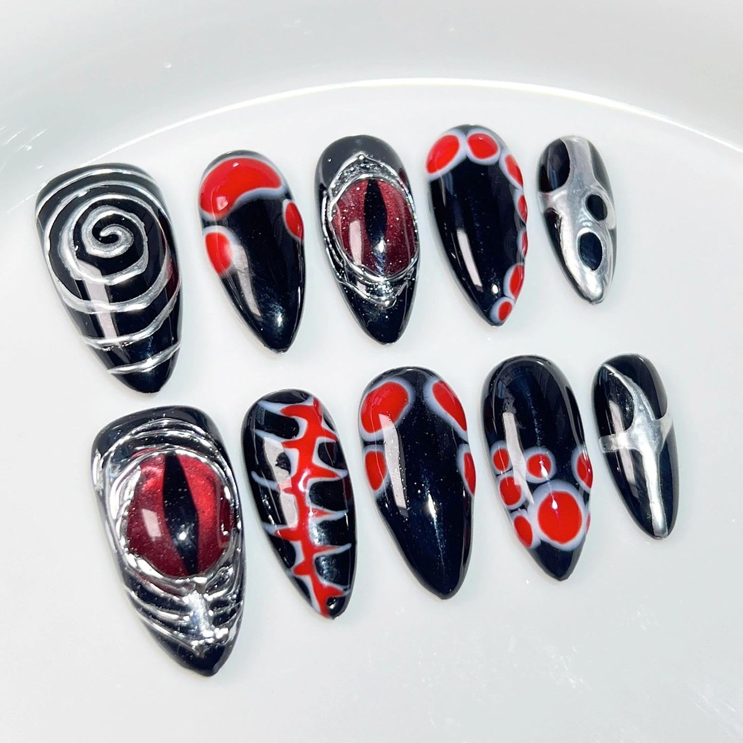 Handmade 3D Dark Anime Red Black Stiletto Press On Nails, Spiral Metallic Stream Artisan Nails Set, Reusable Glossy Press-ons with Tool Kit (S)