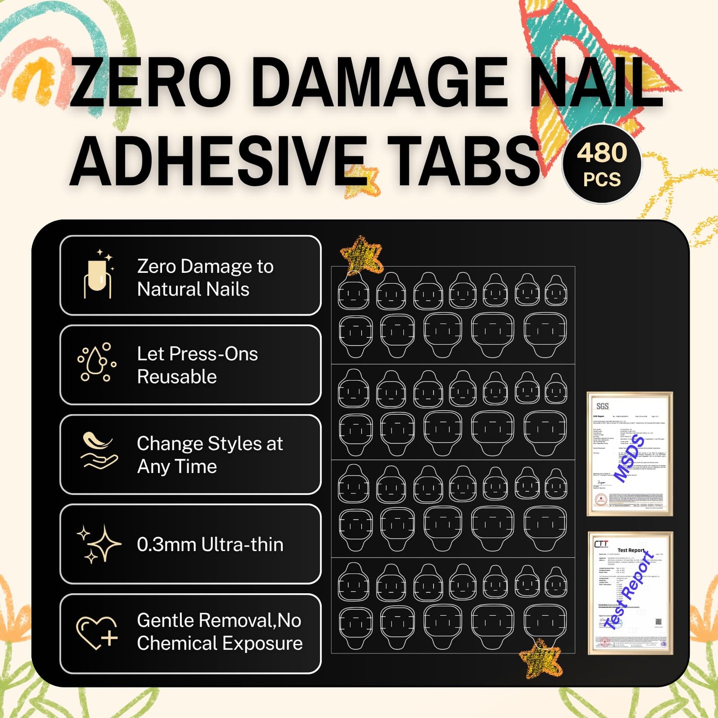 SnypeeLab XS 480PCS 12 Sizes Kids Nail Adhesive Tabs - 0.3mm Ultra Thin Gentle Formula Press On Nail Stickers for Children, Strong Hold for School & Sports