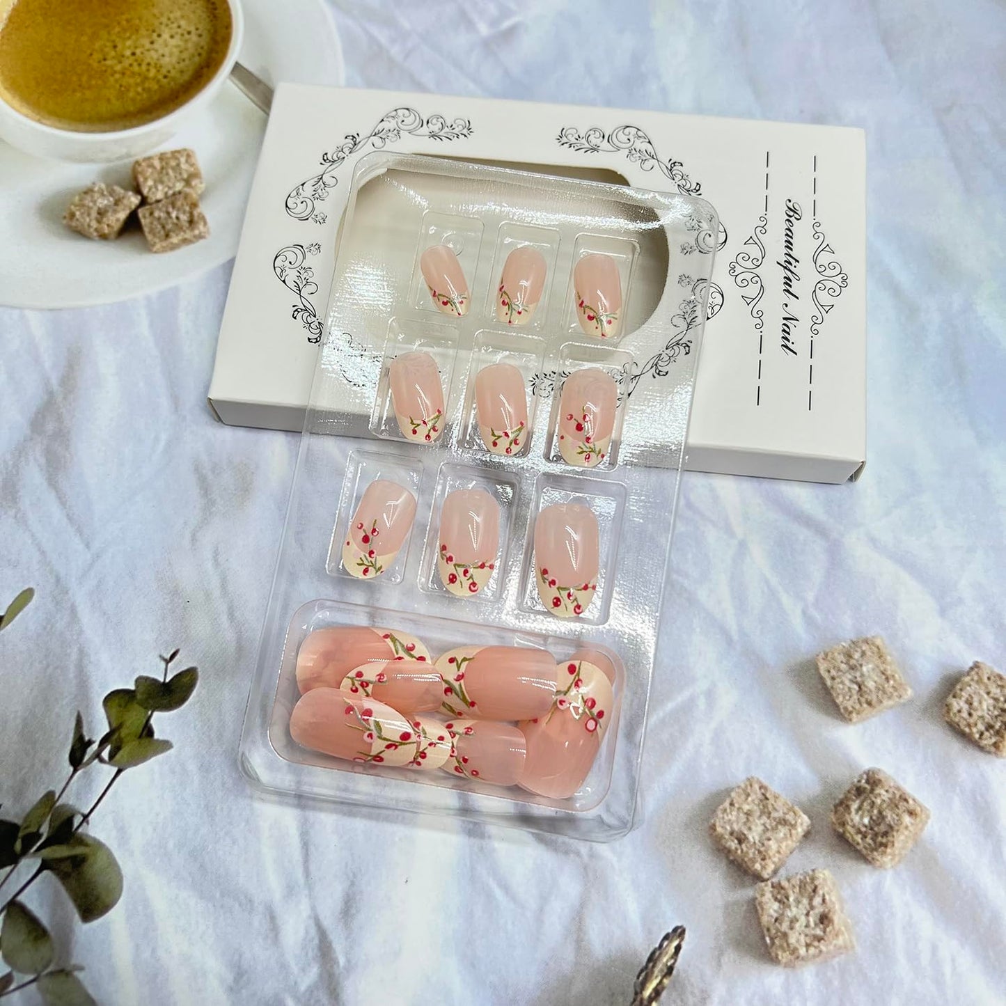 Flower Press on Nails Short Almond Fake Nails with Yellow French Tip Design Spring False Nail Reusable Glossy Full Cover Reusable Stick on Nail For Women Manicure 24 Pcs