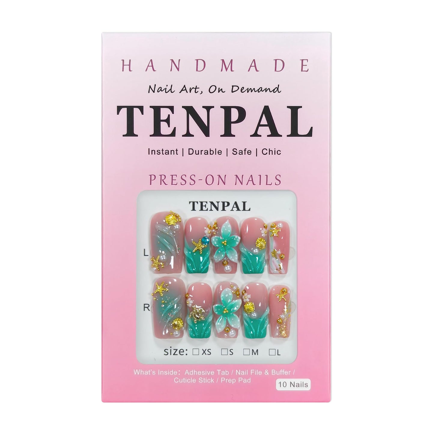 TENPAL Handmade Coffin Press on Nails Medium- Emerald Green Blushing Ombre Fake Nails with 3D Starfish & Shell Design, Coastal Elegance Style Glossy Acrylic Flowers False Nails with Tools(S)
