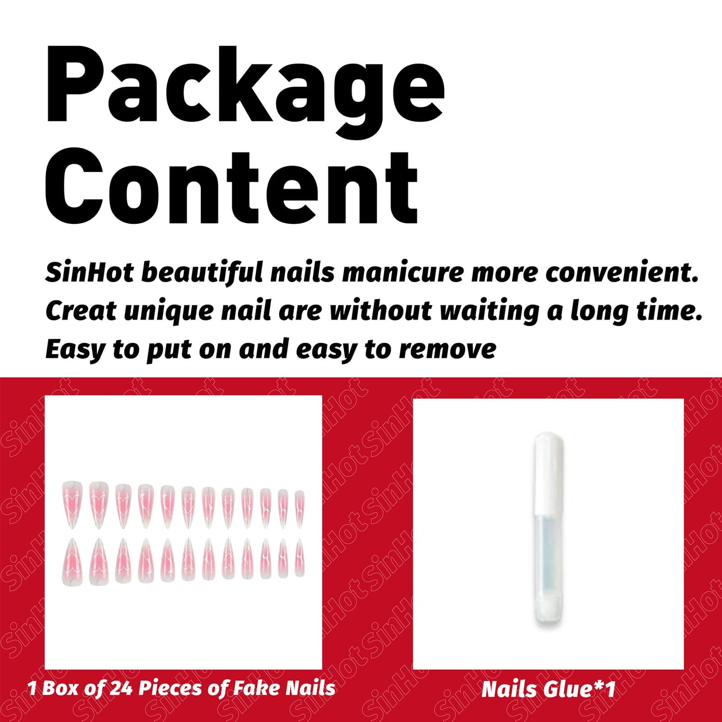 SINHOT Stiletto Press on Nails - Long Fake Nails, Glossy Finish, Pink Ombre & Silver Mesh Line, DIY Artificial False Nail Art - 24 Pcs Nail Kit with Glue