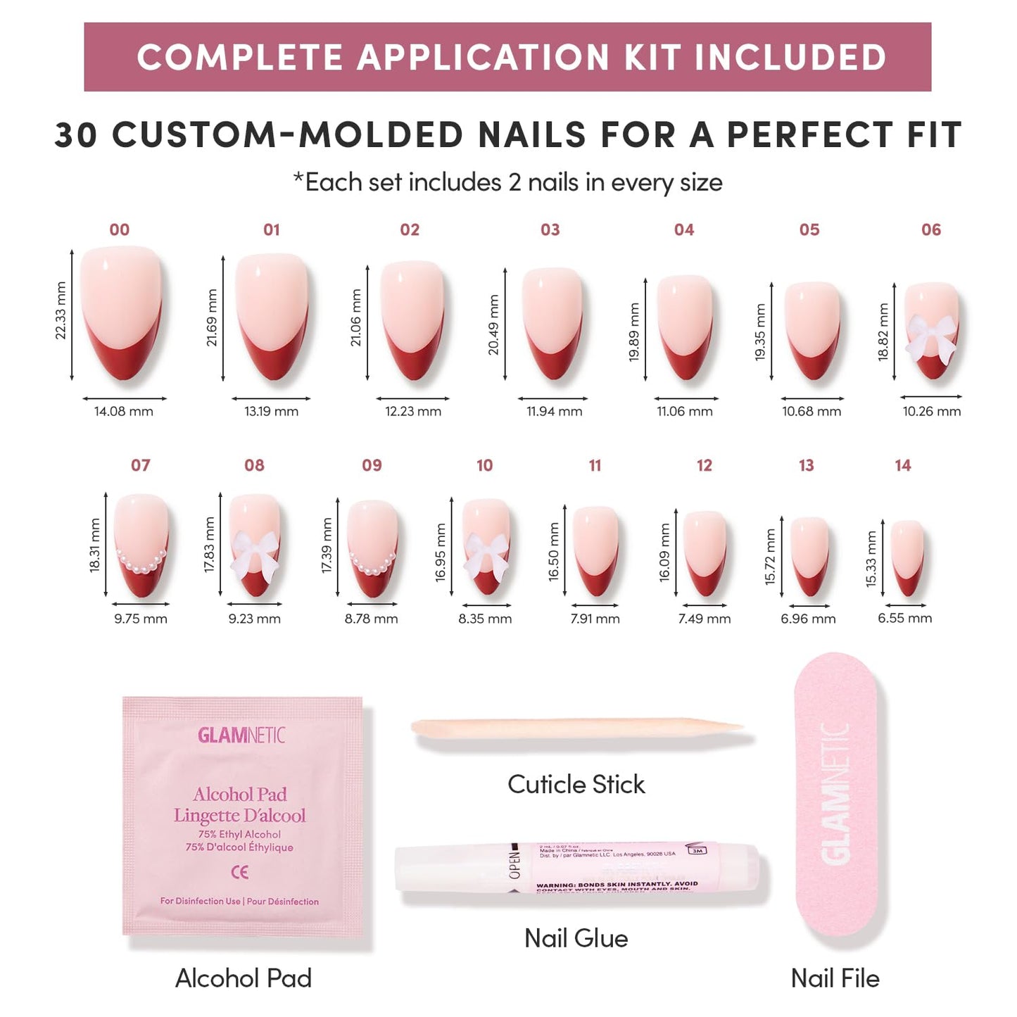 Glamnetic Press On Nails - Ruby Ribbons | Short Almond Fake Nails with Red French Tips & 3D Bows in a Glossy Finish, Salon Quality | 15 Sizes - 30 Nail Kit with Glue