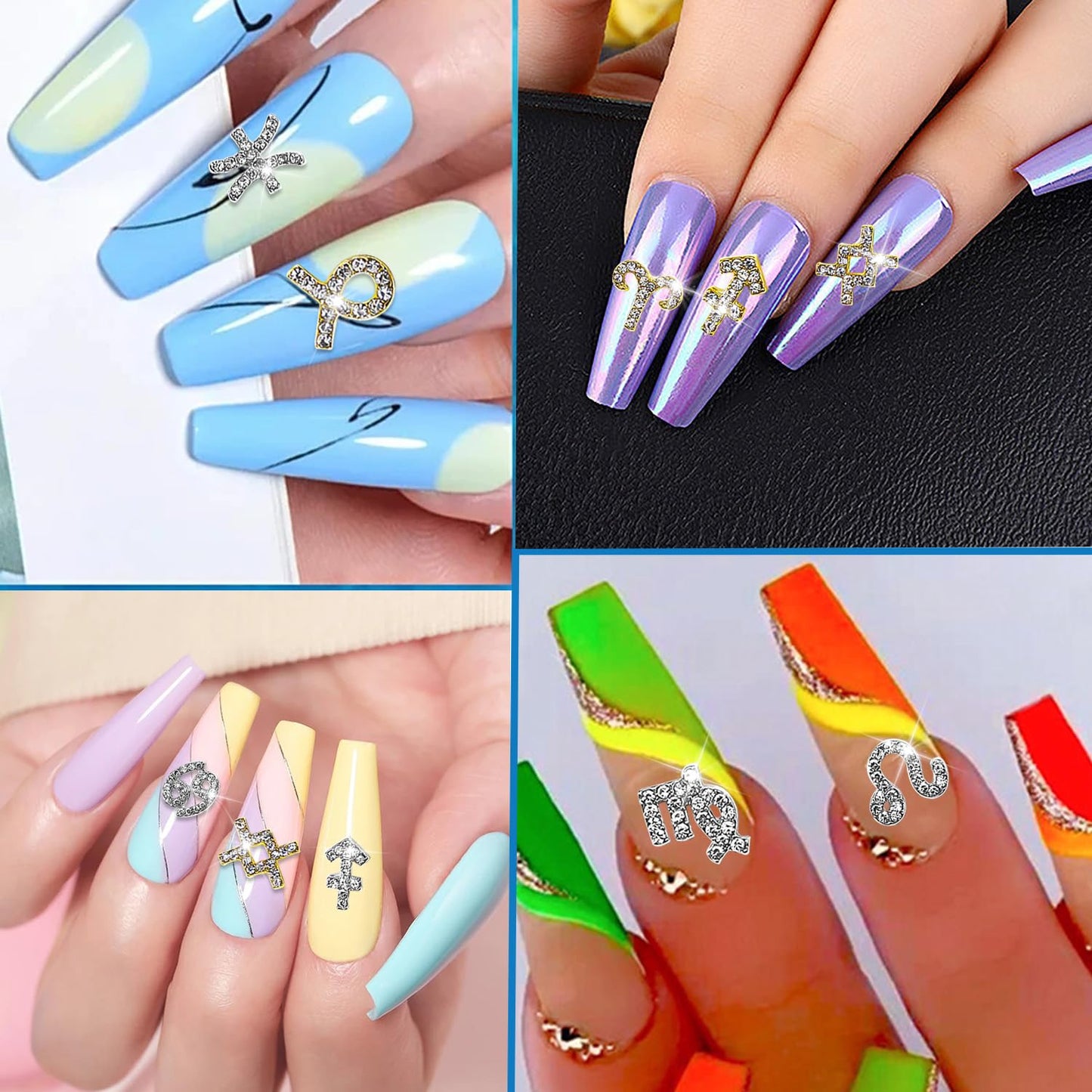 YECIRALA 48 Pcs Gold and Silver Zodiac Nail Charms 4 Set 3D Zodiac Sign Nail Rhinestones Charms for Women Nails Jewelry Zodiac Charms for Nails Design Jewelry Making Charms Nail Art Decorations Gems