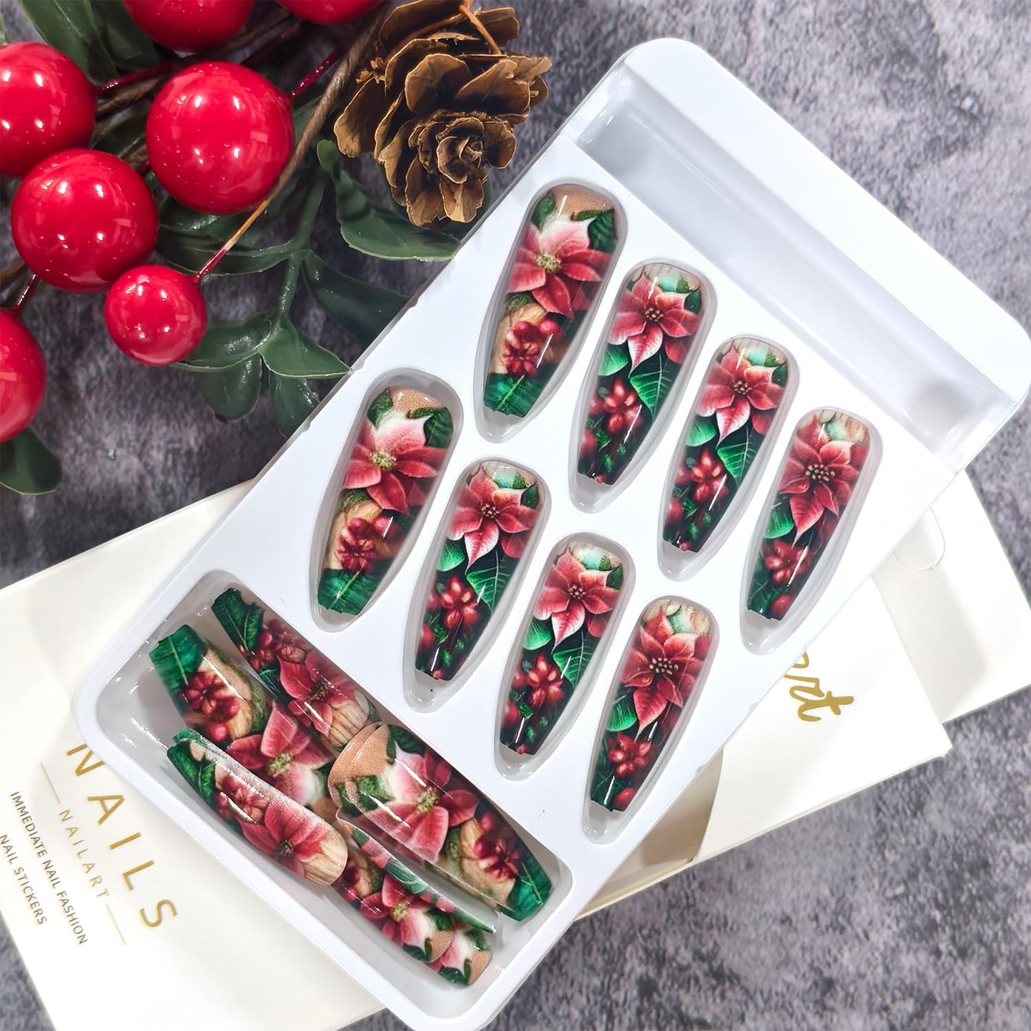 24Pcs CJDLTS Flower Press on Nails Long Ballet Artificial Acrylic False Nails Green Leaf Red Floral Design Stick on Nail Christmas Fake Nail Full Cover Winter Artificial Fingernails for Women Manicure