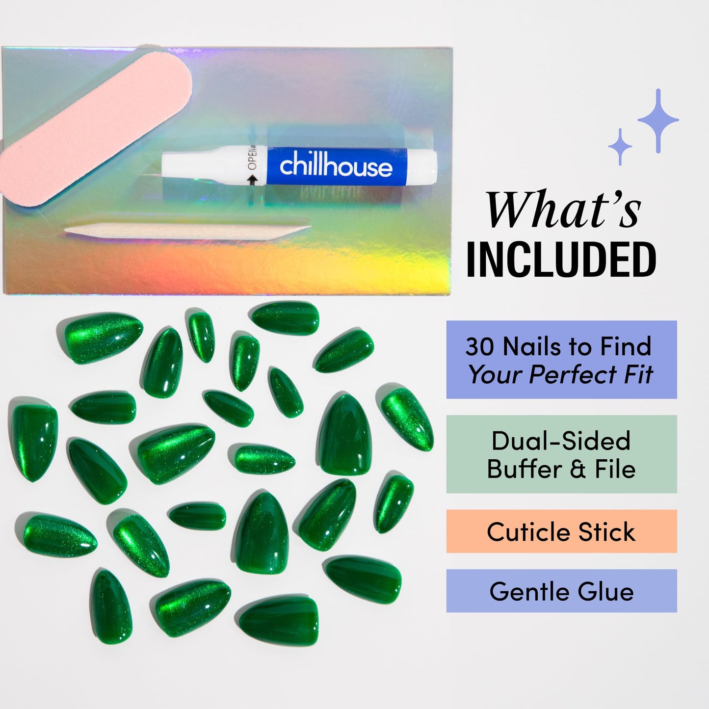 Chillhouse - Chill Tips, Press on Nails Kit - Emerald Tower (Almond) - 30 Nail Shapes & Sizes - Up to 2 Weeks of Wear - Customizable Fit - Reusable - Latina Founded & Women Owned - Beauty & Self Care