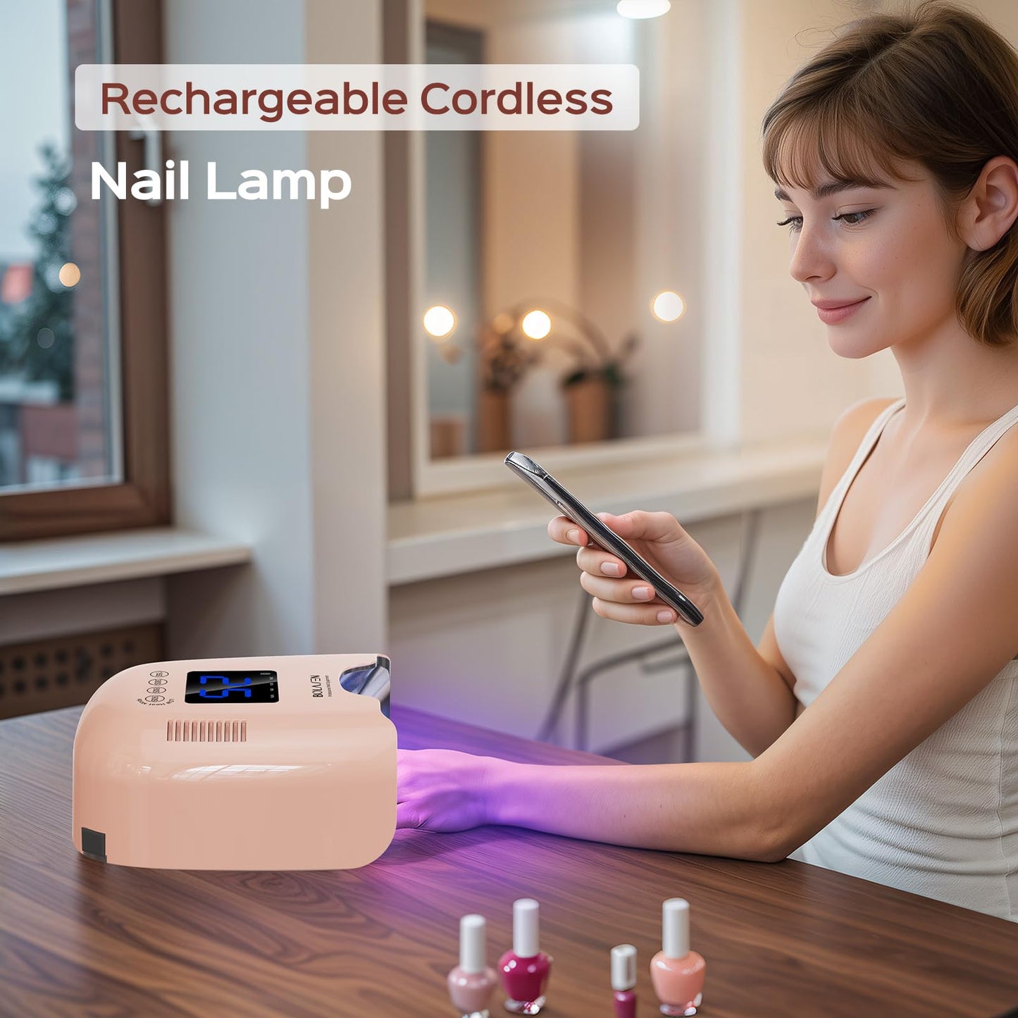 BOLASEN Cordless Rechargeable UV Nail Lamp - UV Light for Gel Nails with Metallic Reflector & Metal Base, 54W Portable Wireless LED Nail Dryer, Professional Fast Charger Curing Lamp for Salon, Pink