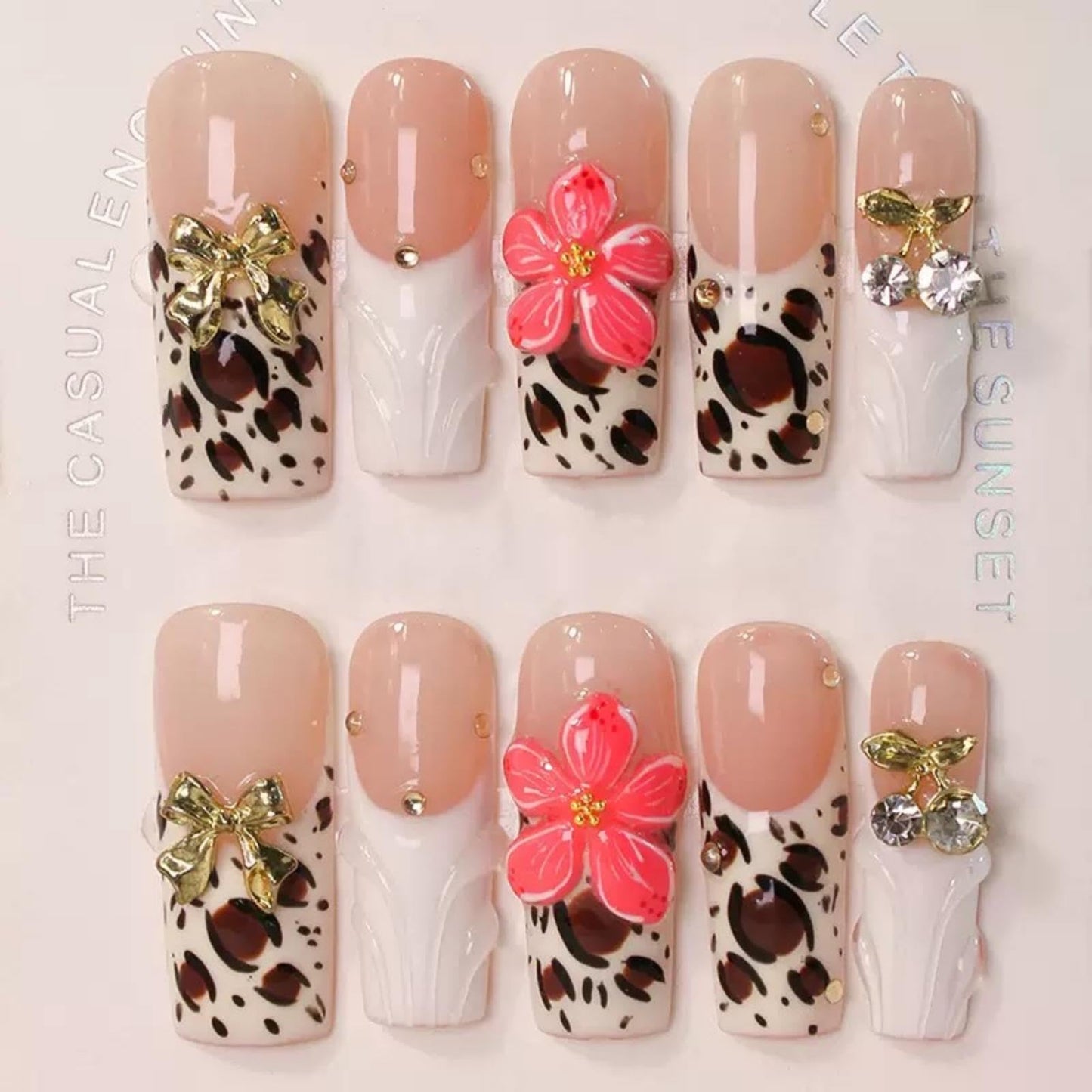 100% 5D Handmade Press on Nails with Charms Long Square Nails Press ons- Embossed French Tips False Nails Bow Flower Cherry Charms Press on Nails for Women Girls Daily Wear DIY Manicure Size M