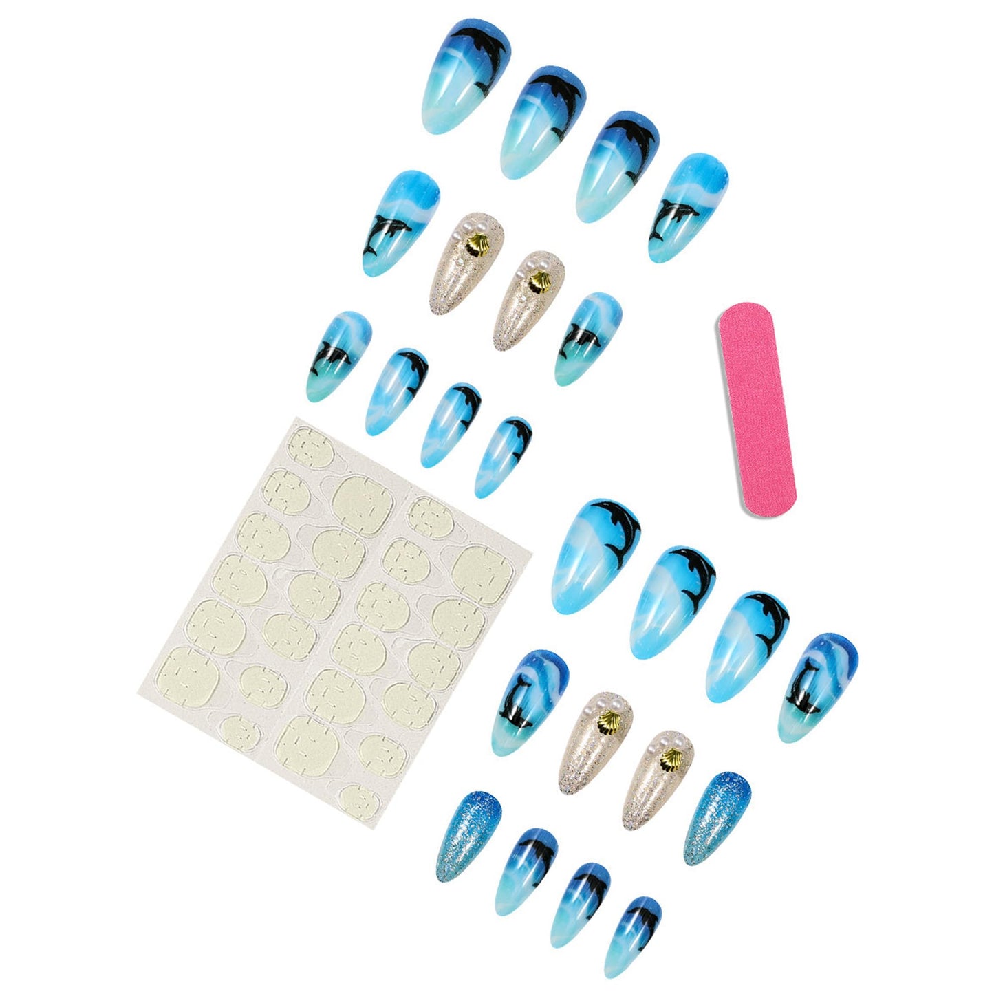 24Pcs Ocean Theme Press on Nails Medium Almond Fake Nails Ocean Blue Gradient with Dolphin & Wave Design Silver Glitter 3D Gold Shell & Pearl False Nails Acrylic Full Cover Stick on Nails for Women