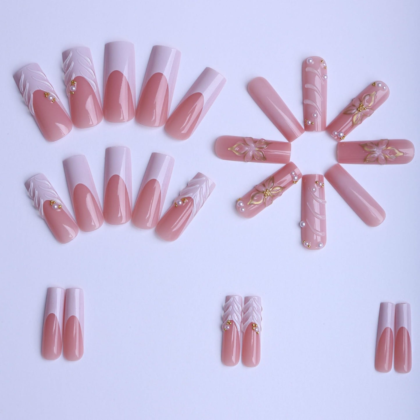 octoswave Press on Nails Long Square Fake Nails White French Artificial Nail 3D Embossed Flowers Pearl Stick on Nail for Women 24pcs