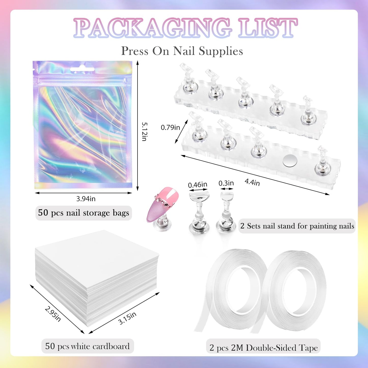 ESUOHYM 50 PCS Nails Packaging Bags with Nail Stand for Fake Nail, Holographic Press On Nail Storage Container Nail Art Kit for Diy Design,Nail Cardboards with 2 Double-sided Adhesive Tape Salon Home