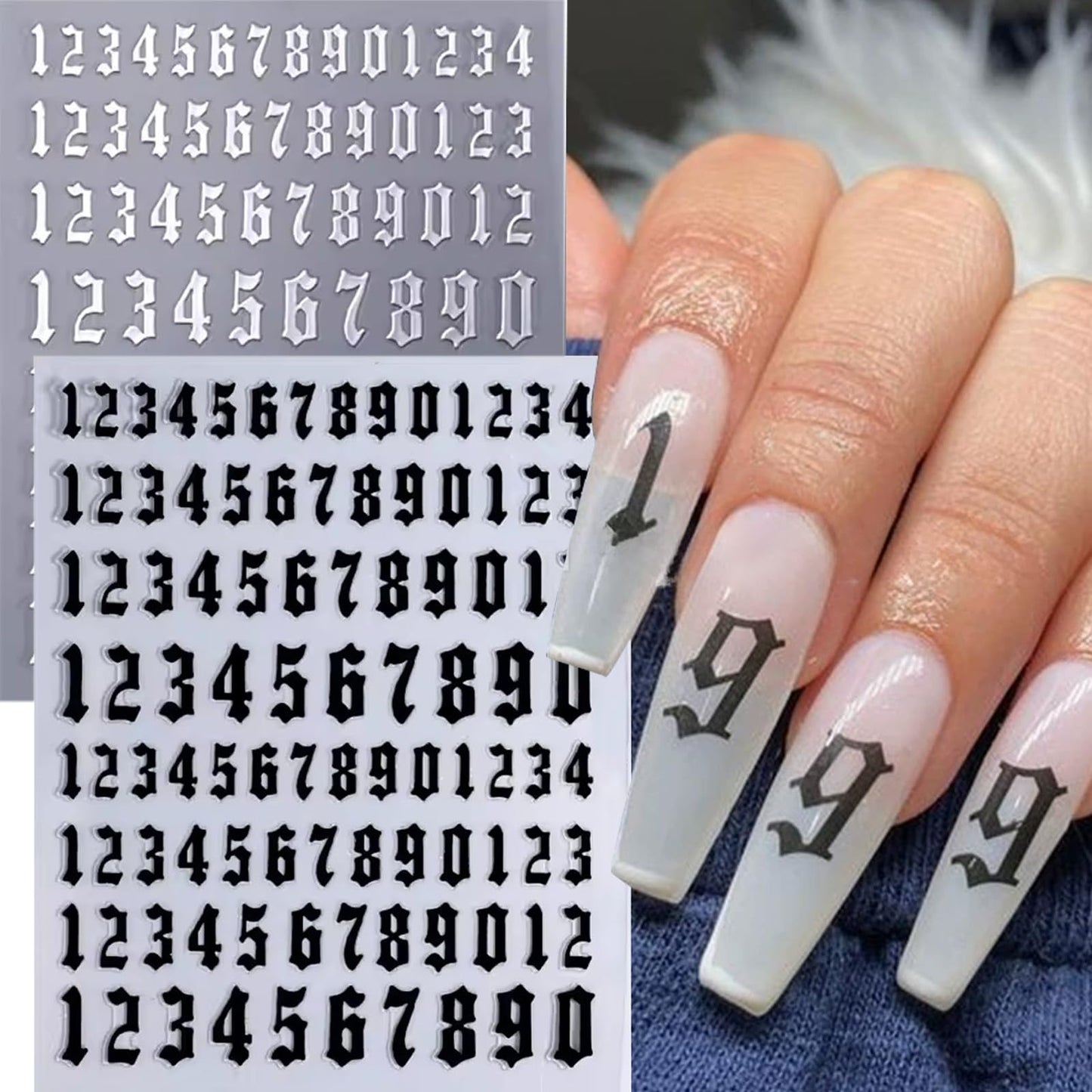 DANNEASY 8 Sheets Alphabet Number Nail Stickers 3D Self-Adhesive Old English Letters Nail Decals Black White Gold Sliver Nail Art Sticker Nail Initial Stickers for Women DIY Charms Decoration