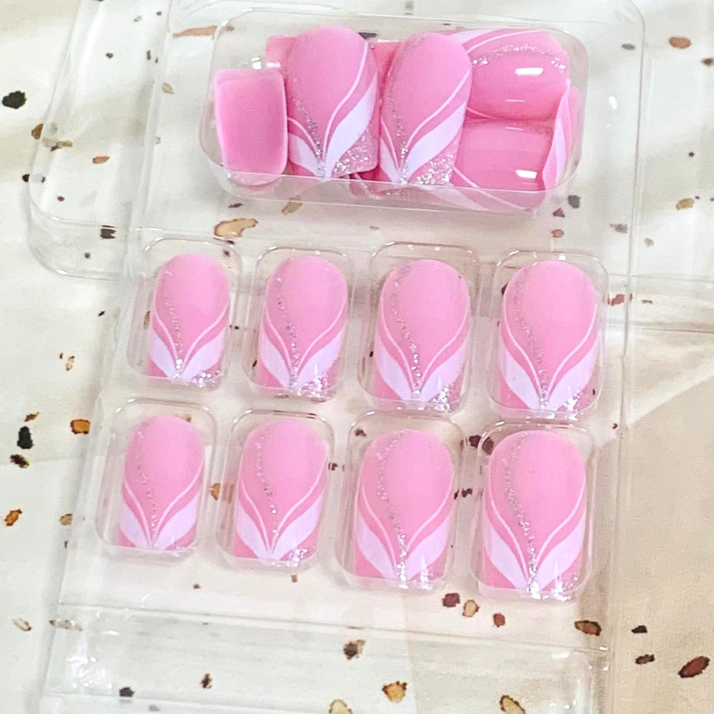 Vezocim Pink Artificial Fake Square Nails, 24Pcs Press on Nails Medium Coffin with French Line Designs, Glossy Full Cover Acrylic False Nail, Glue Fake Fingernails with Charm for Women
