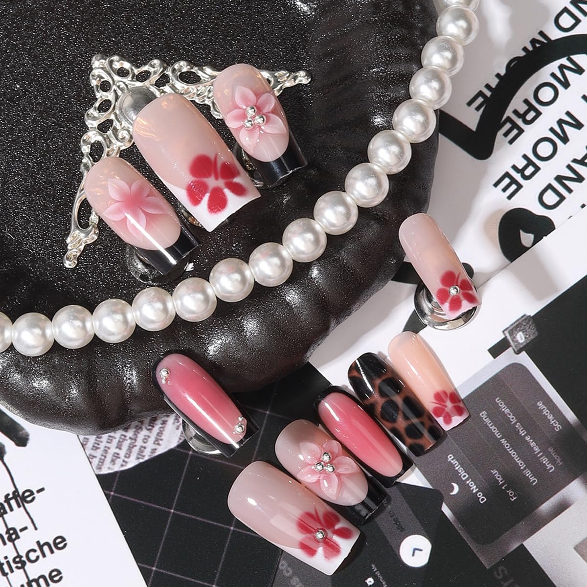 Long Square Press on Nails Black French Tip Fake Nails with Tortoise Shell & 3D Flower Pearls Design Nude False Nails Full Cover Glue on Nail for Women, Elegant Dark Floral Manicure Kit 24Pcs