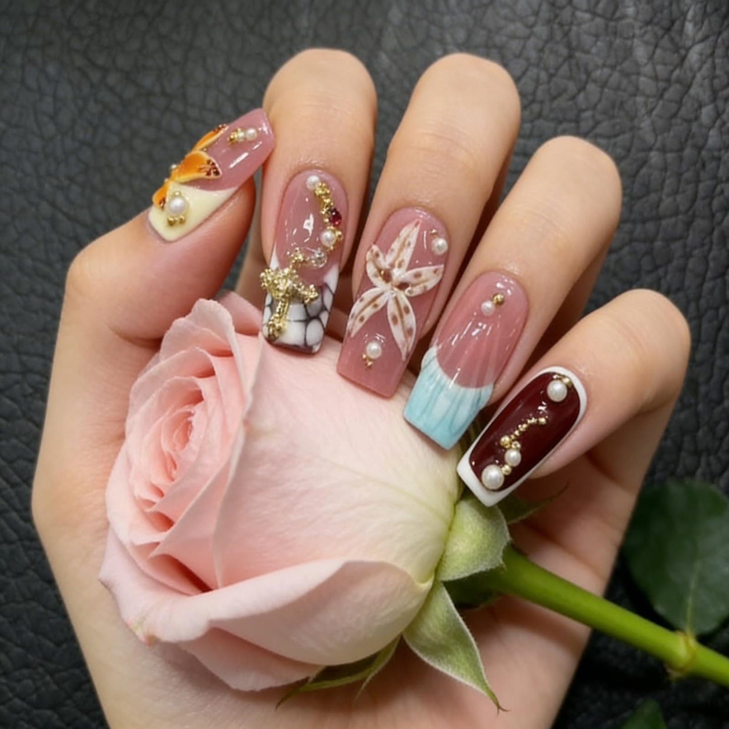 Floral Handmade Medium Square Press on Nails Nude Base Colorful 3D Floral Accents Pearl Chain Details Glossy Finish Reusable Spring Nails Easy Apply Party Durable Trendy Women Girls Nail Art 24 Pcs（S）