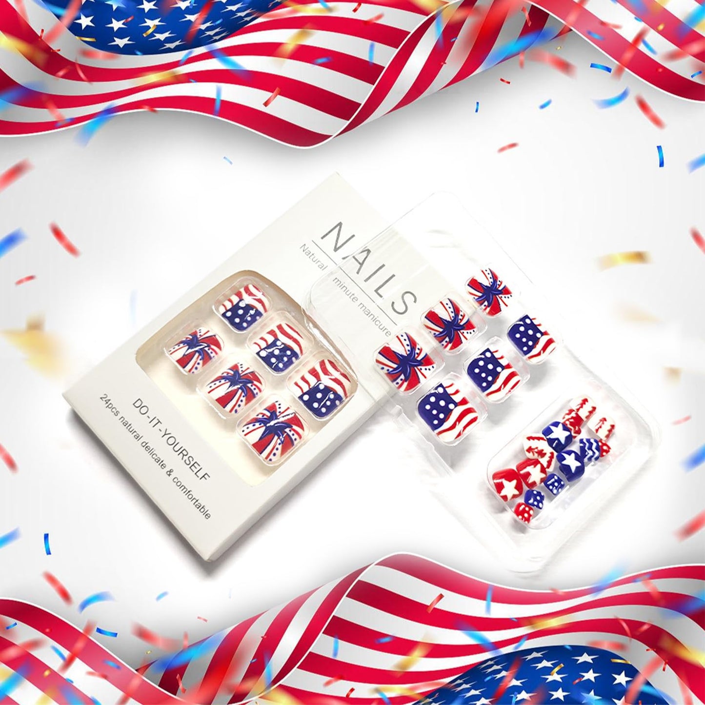 4th of July Press on Toenails Short Glossy Red White Blue Fake Toe Nails American Flag Star Stripe Toenail Press ons Independence Day Full Cover Acrylic False Toenails for Women 24Pcs