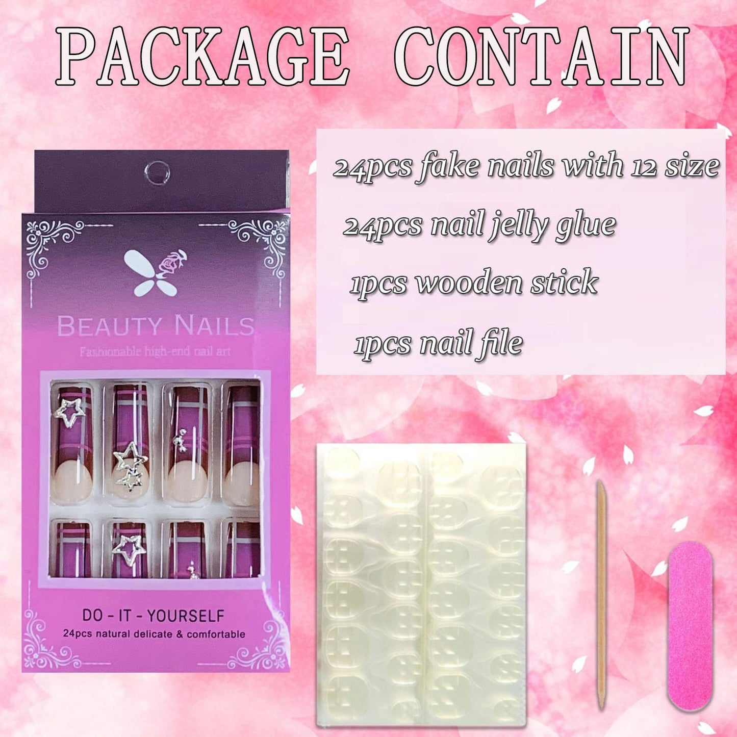 FIEONCIY Press on Nails Coffin Long Length Acrylic Glossy Full Cover Square Shaped French False Nails with Designs Artificial Extra Long Fake Nails with Charms Glue ons Fingernails for Women(FF04)