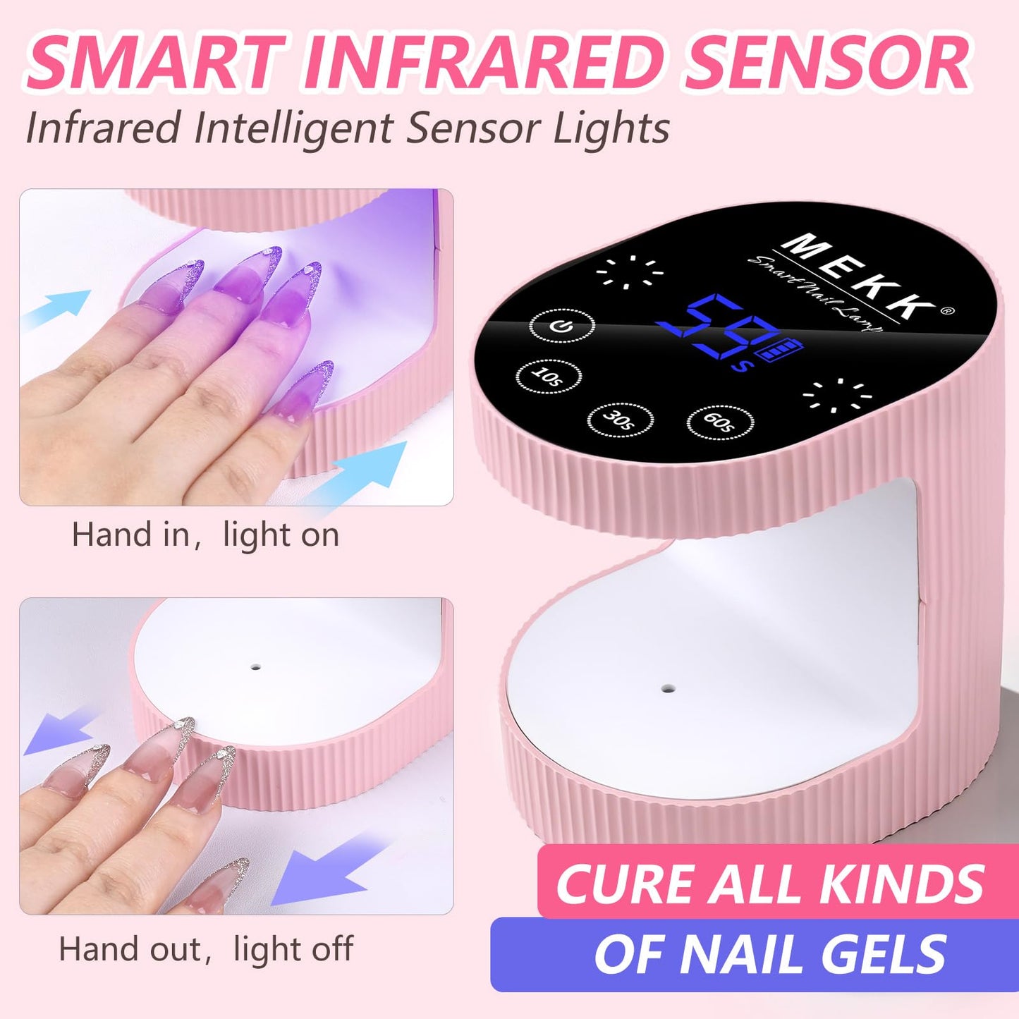 MEKK Cordless Mini UV Light for Gel Nails - 24W Rechargeable Mini UV LED Nail Lamp with Touch Control & Auto Sensor,Small Flash Cure Lamp,4 Timers,Portable Nail Light for Tavel & Home Use-Light Pink