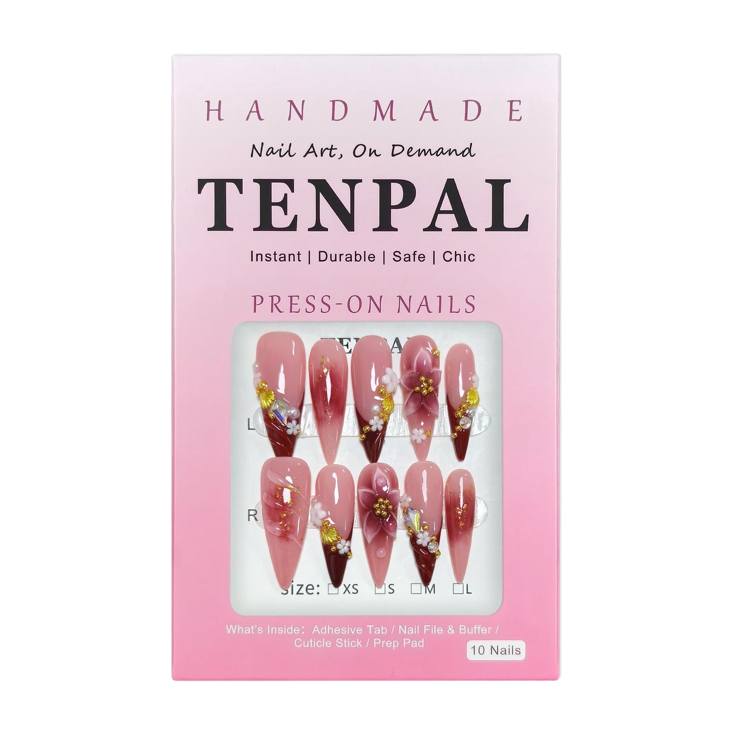 TENPAL Handmade Press on Nails Long Stiletto - Burgundy French Tips 3D Floral Embossed Glossy False Nails for Women Girls Fall Winter- Glossy Acrylic Y2K Nails for Parties Date Daily Wear(S)