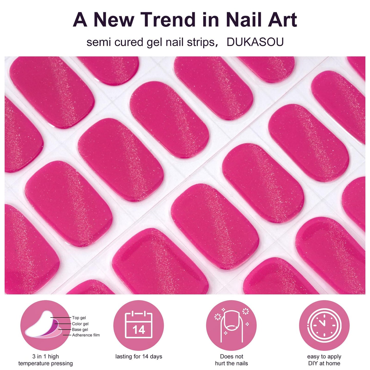 DUKASOU Semi Cured Gel Nail Strips,28 pcs Cat Eyes Gel Nail Stickers with UV Light Required,Long Lasting Nail Art Stickers, Easy to Apply（Rose red Cateyes