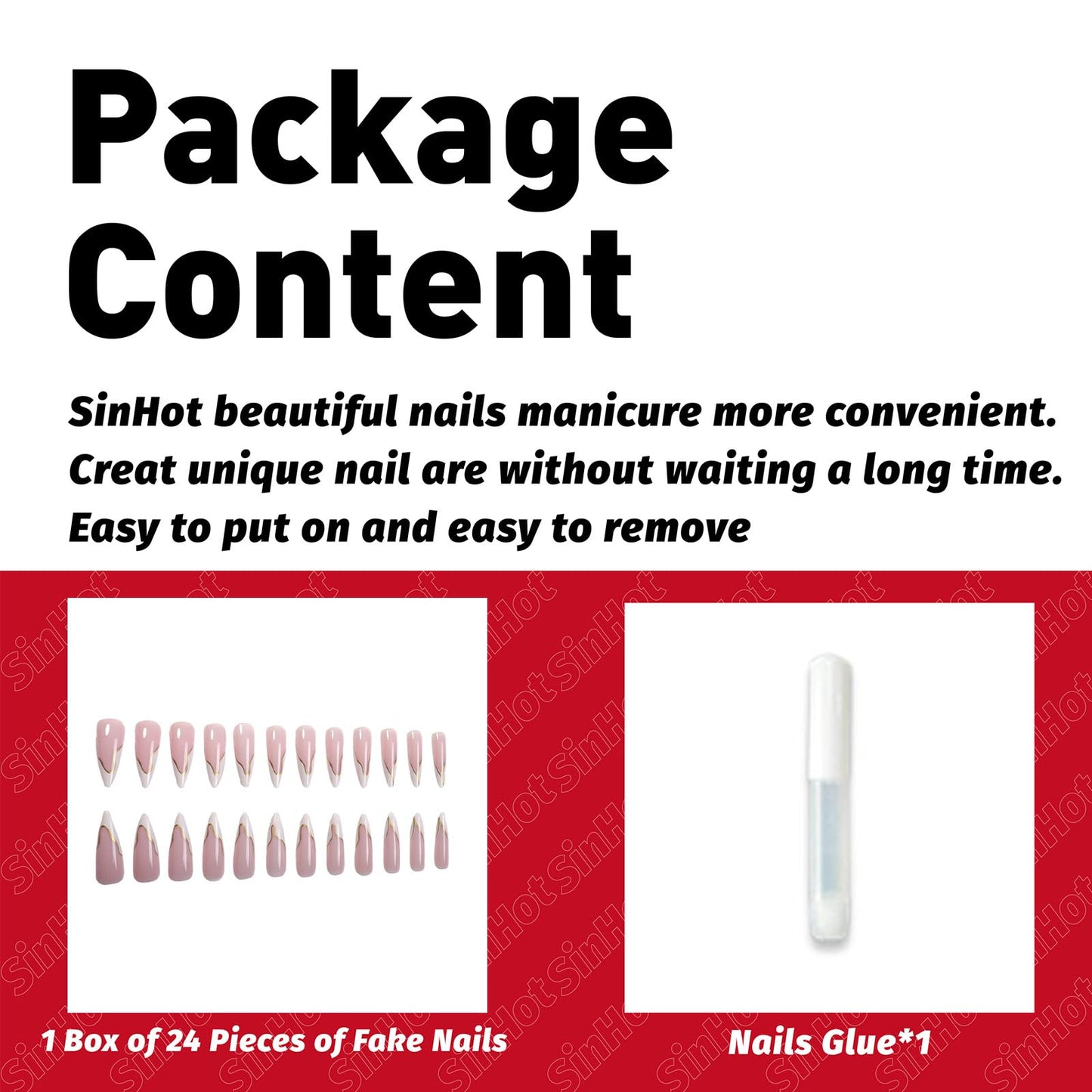 SINHOT Stiletto Press on Nails - Long Fake Nails, Glossy Finish, White French Tip & Gold Line, DIY Artificial False Nail Art - 24 Pcs Nail Kit with Glue