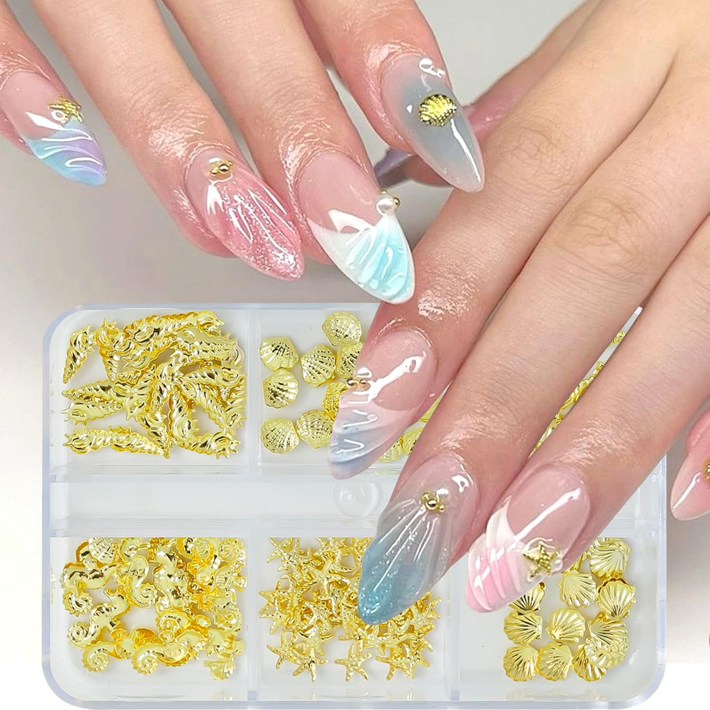 6 Grids Summer Ocean Nail Charms and Gems Marine Life Designs Nail Art Charms 3D Gold Starfish Seashell Nail Rhinestones Cute Conchs Seahorse Nail Jewelry Summer Beach Nails Decoration for Women