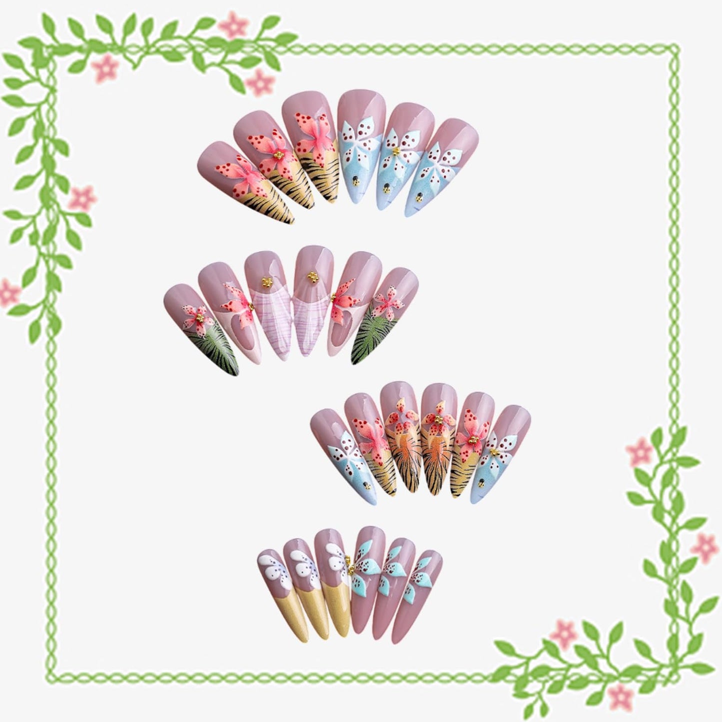 Colorful Flower Press on Nails Long Artificial Acrylic Fake Nails French Leopard Print Gradient 3D Floral Reusable Almond Coffin Stick on Nail Full Cover Gold Beads Artificial Fingernails for Women