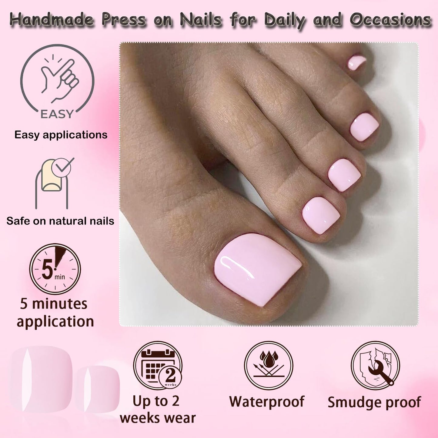 LoveOurHome 120pc Press on Toenails Women Fake Toe Nails with Tabs, Subtle Pink Fake Toenails Press on Toe Nails Glue on Toenail Acrylic Toe Nail Tips Artificial False Toenail for Women Girls