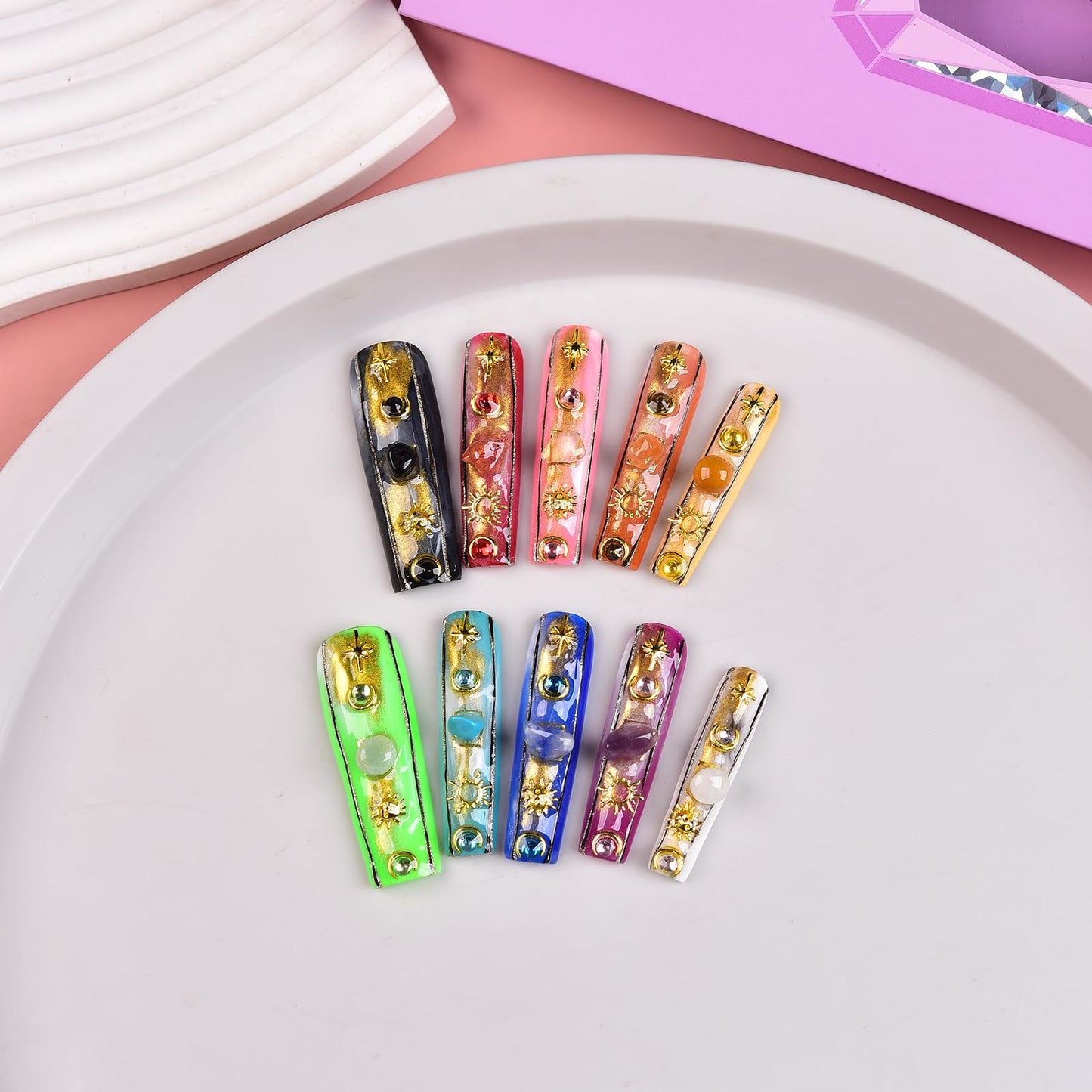Tmani 10pc/set Long Handmade Press On Nail Hot Girl's Long Nails Ten Kinds of Natural Crystal Stone Decoration Fake Nails Suitable For Girls Festival Parties and Birthday Gift(444,L)