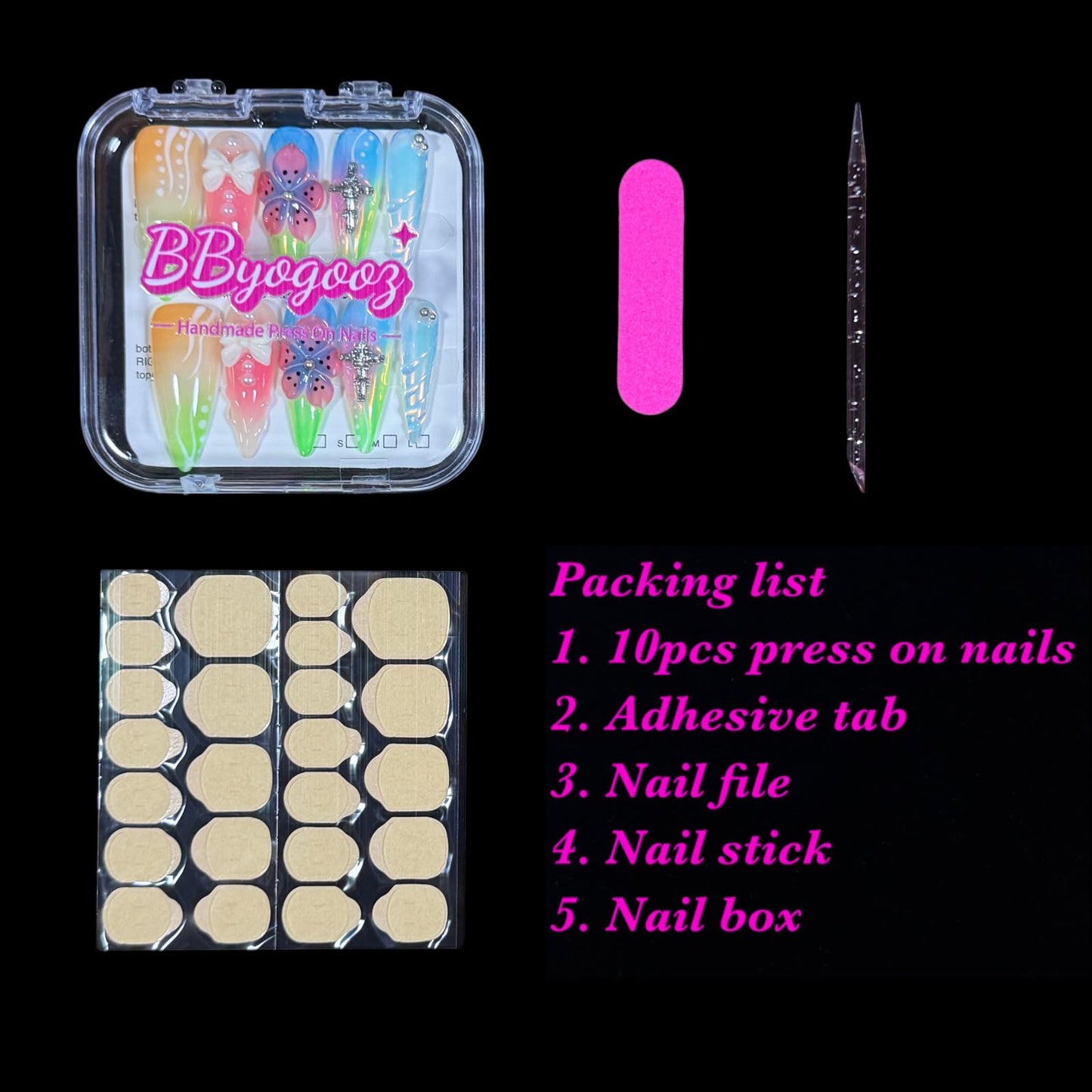 Handmade Press On Nails, 3D Flower Bow Cross Design, Long Stiletto Shape, Pastel Gradient Acrylic Fake Nails Gift set for Women Rainbow (M)