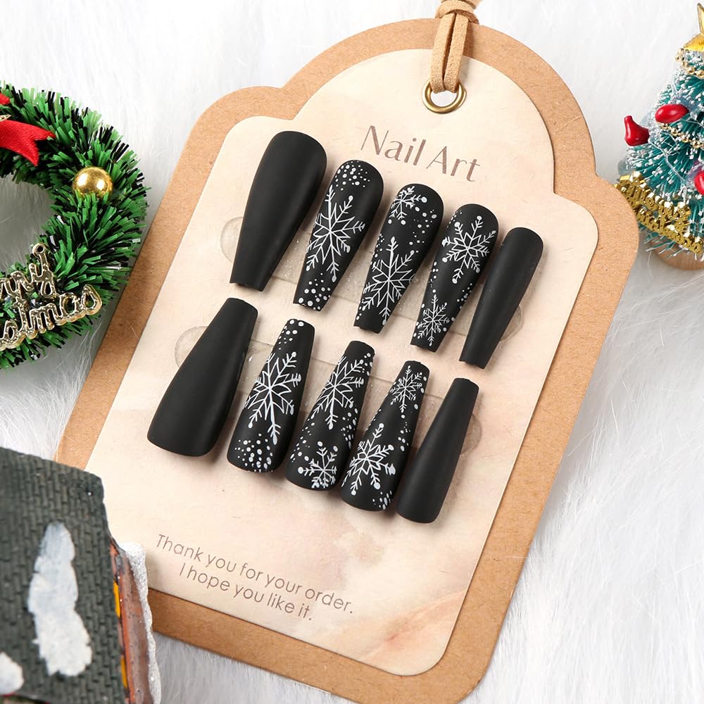 Christmas Press on Nails Long - Coffin Fake Nails with Snowflake Stripes Design - Black Full Cover Stick on False Nails -for Women 24 Pcs