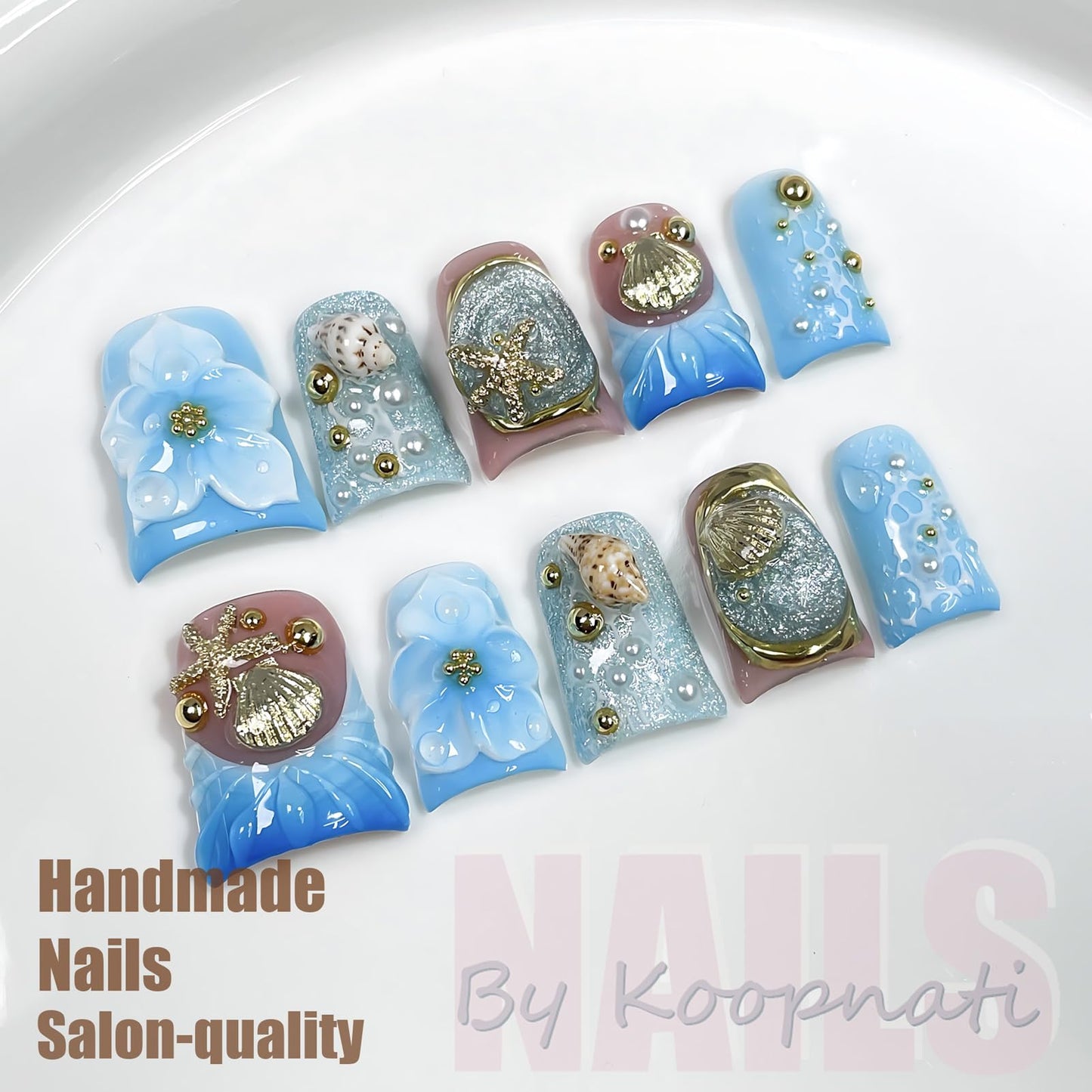 Summer Press On Nails Beach Handmade Press Ons 3D Nail Art Press Ons Homemade Press On Nails French Tip With 3D Design Summer Flower Fake Nail For Women M