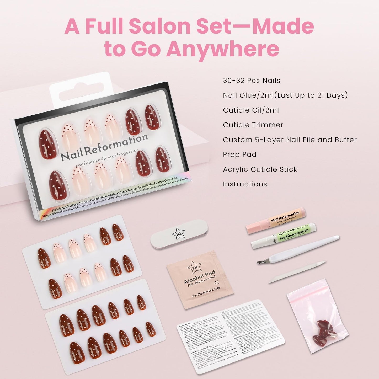 Nail Reformation Press On Nails, Chocolate Sprinkle | Polka Dot Short Almond Fake Nails in French Tip on Nude Base and Glossy Finish, Reusable Stick On Nails in 16 Sizes - 32 Nail Kit for Women Gifts