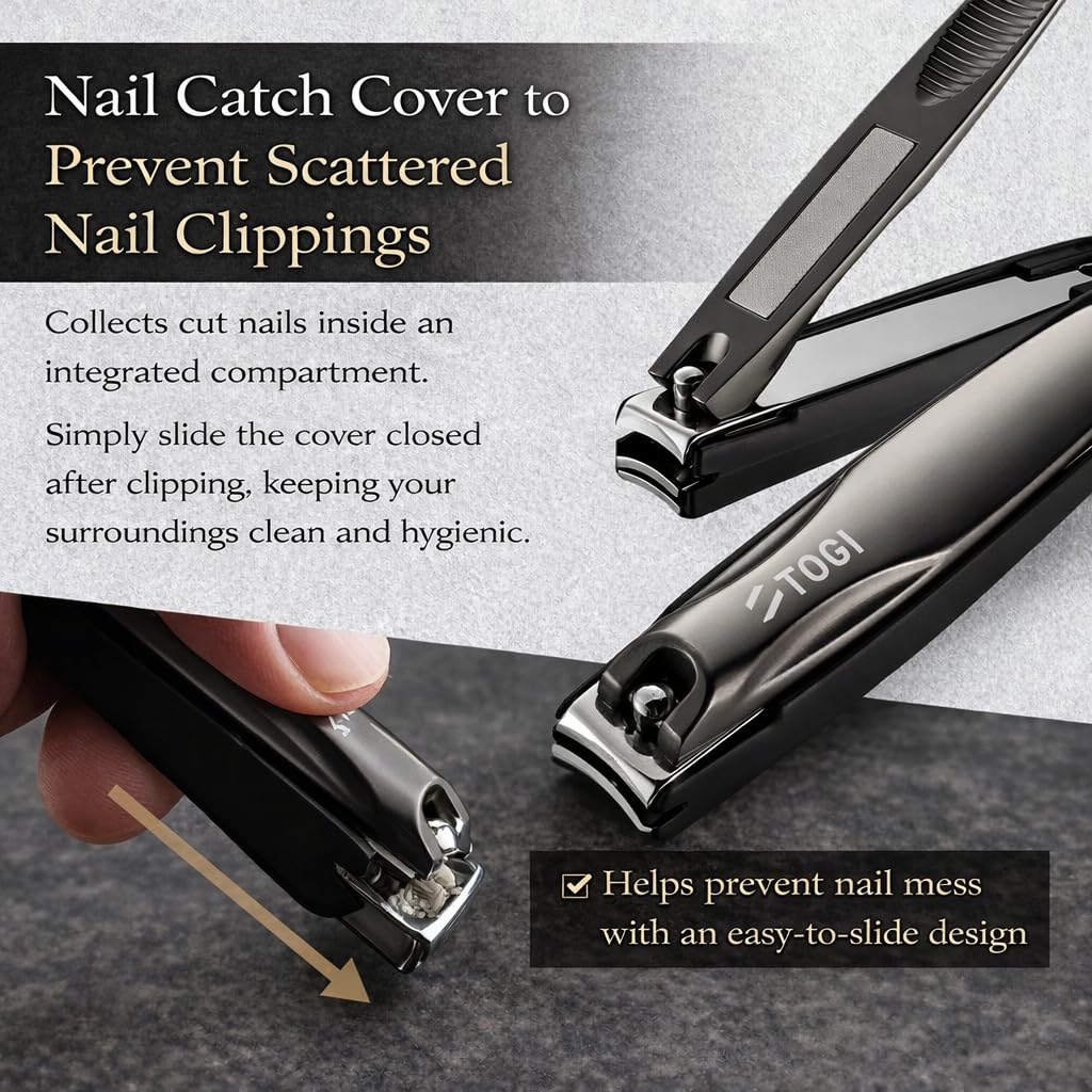 TOGI - Ultra Sharp Nail Clippers, Stainless Steel Nail Clippers for Women/Men, Fingernails & Toenail Cutter with Curved Blades, Built-in Catcher & File, 1 Champagne Gold Grooming Must-Have