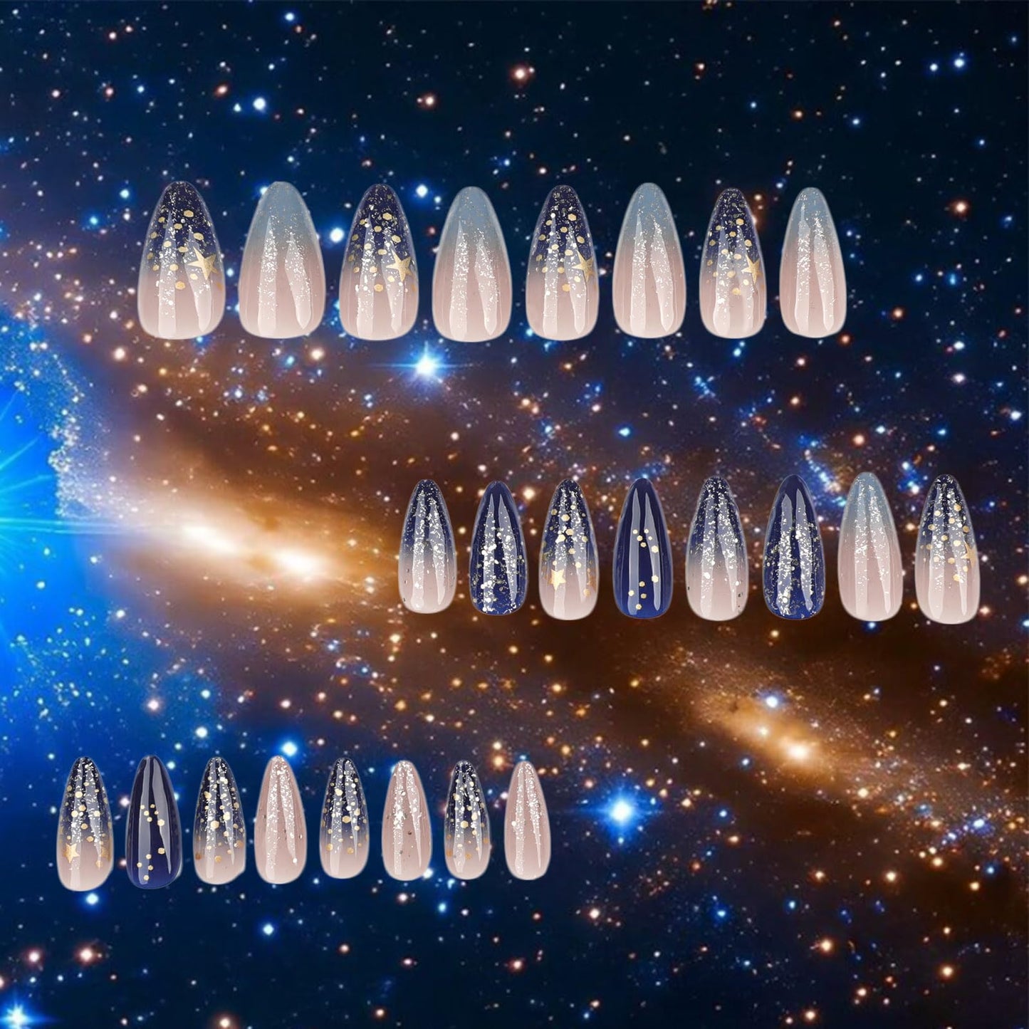 Starry Sky Medium Almond False Nail Gold Stars Press on Nails Glossy Blue Gradient Stick on Nail 24Pcs Silver Glitter Gel Glue on Fingernails Acrylic Full Cover Fake Nails for Holiday Manicure Art