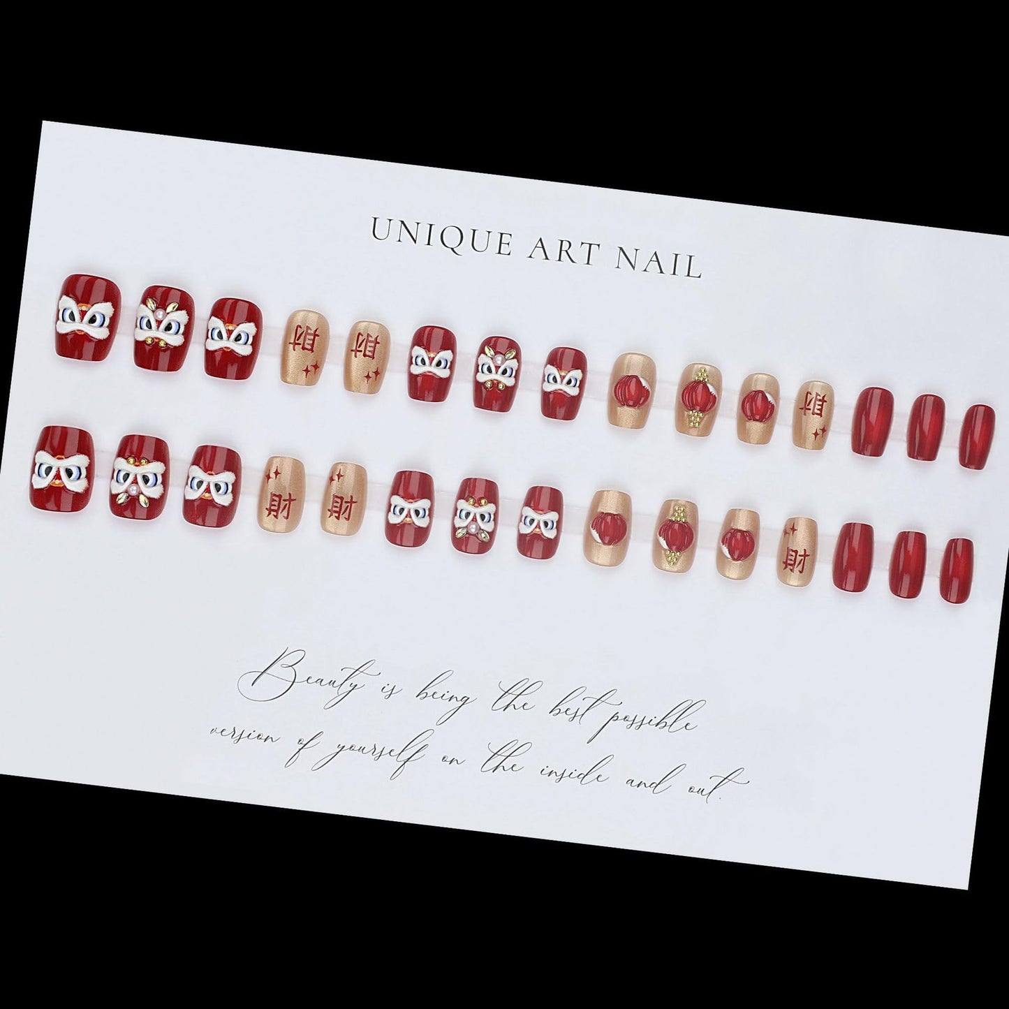 plalely Square Press on Nails Short Red Fake Nail Cute 3D Chinese Lion and LanternforChinese New Year Acrylic Nail Press ons Best WishesStick on Nail for Women 24pcs