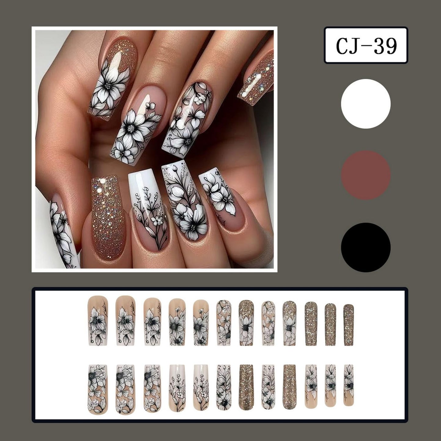Long Press on Nails Square Fake Nails with Flower designs Stick on Nails Black White False Nails Glossy Full Cover Coffin Acrylic Nails Glitter Glue on Nails for Women Girls Spring Summer 24pcs