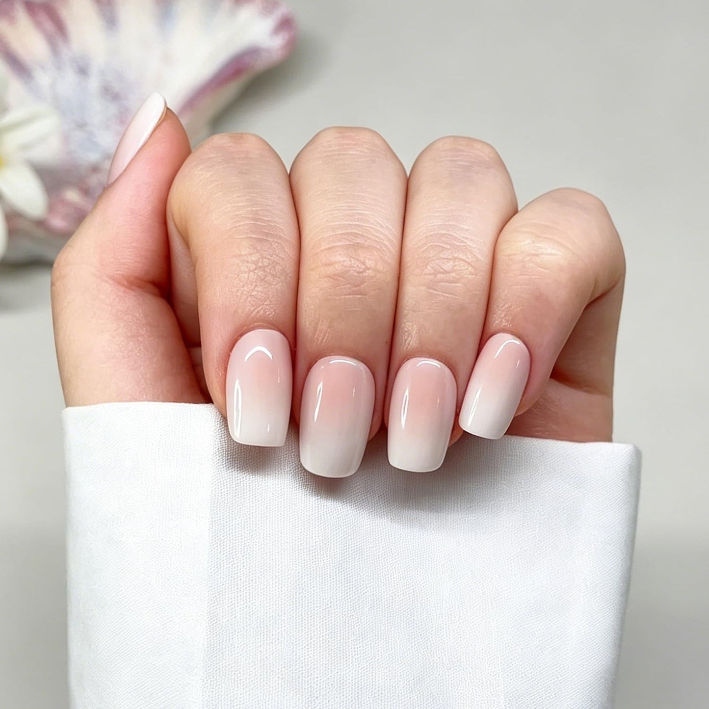 Bonitiva Short Square Press On Nails, Glossy Nude Ombre Soft Gel Reusable, 32PCS 16 Sizes, Salon Quality Long Lasting Fake Nails with Nail Glue & File Kit for Women Girls, Daily Wear