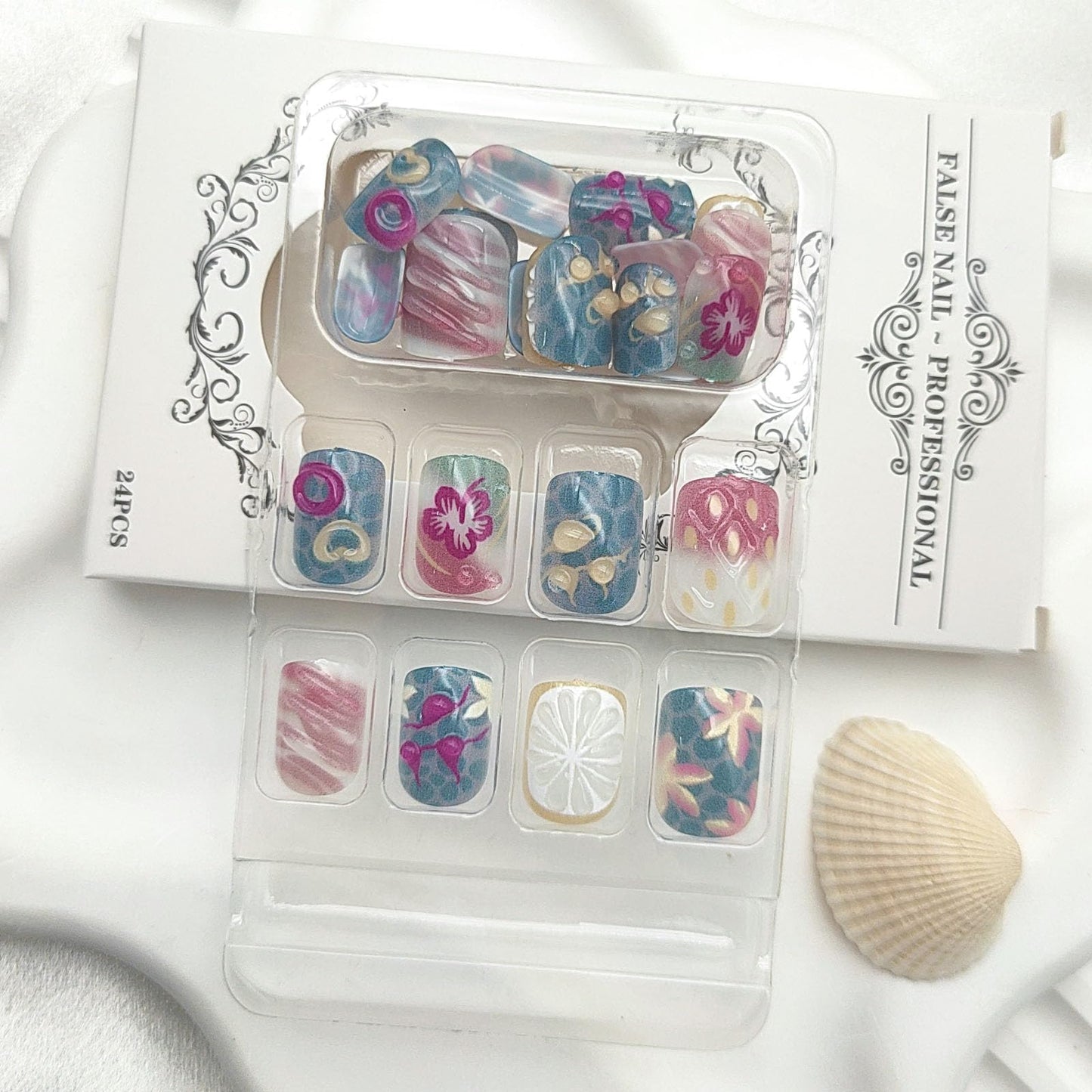 Square Press on Nails Short Fake Nails with 3D Lemon Love Water Drop Flower Designs Nails Press ons Blue Pink Glue on Nails Glossy Acrylic Nails Cute False Nails Summer Stick on Nails for Women 24Pcs