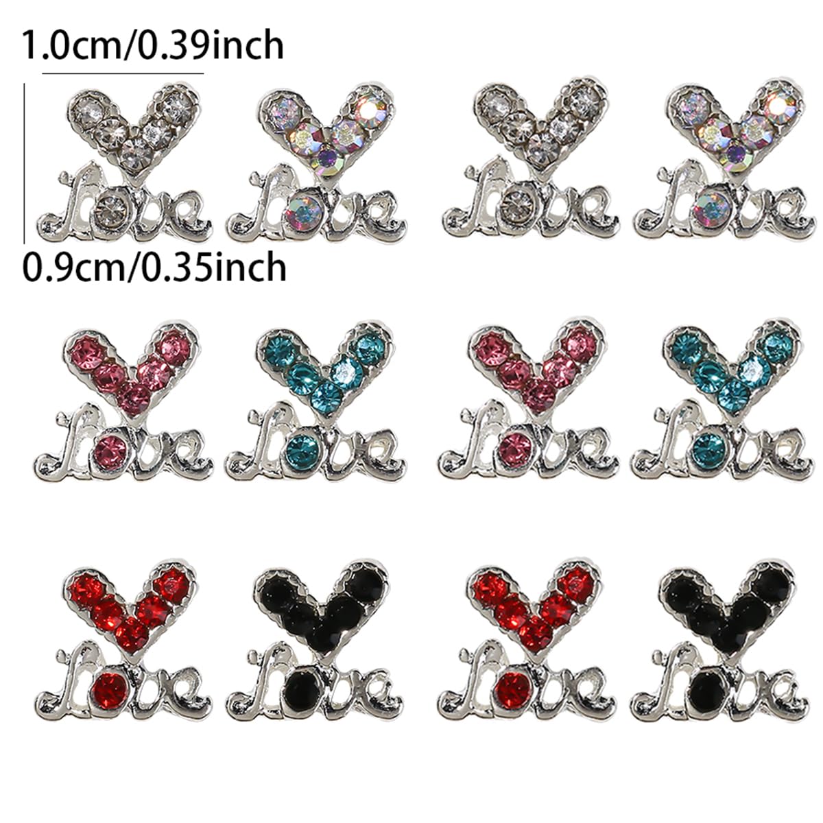 12Pcs 3D Heart Nail Art Charms Silver Nail Charms Heart Nail Accessories Rhinestones Diamond Alloy Nail Gems for Women Girls Valentine's Nail Art Design DIY Craft Jewelry