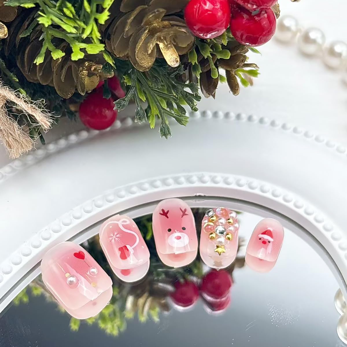 24pcs Christmas Press on Nails Short Square Fake Nails Cute Reindeer False Nails with 3D Pearl Gold Silver Gems Design Winter Pink Glossy Glue on Nails Full Cover Artificial Stick on Nail for Women