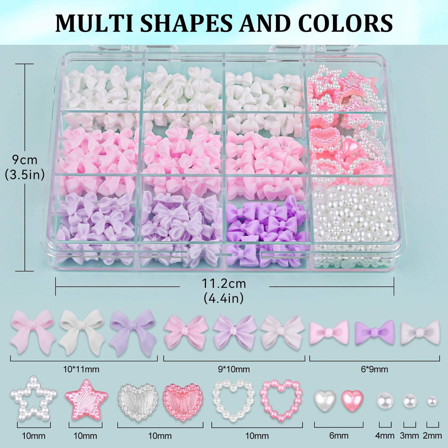 3D Nail Charms and Flatback Pearls #3, 600 Pcs Pink White Lilac Multi Styles Bowknot Charms + Pink&White Star Heart Nail Jewels + 2-6mm White Nail Pearls for Nail Art Design with Pickup Tools