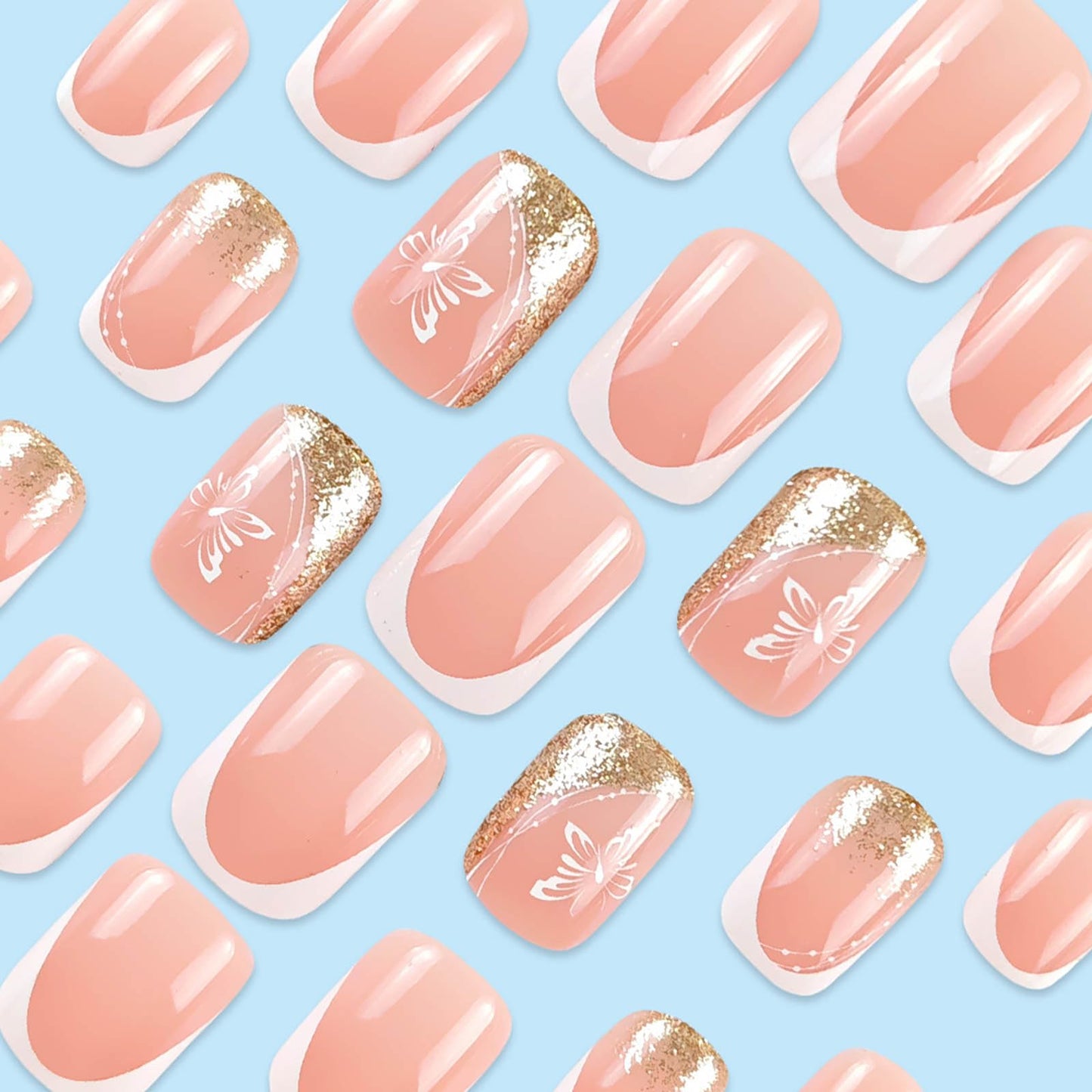 Short Press on Nails Square Fake Nails Pink Nails Press ons French Tip False Nails Glitter Glue on Nail with Butterfly Designs Acrylic Glossy Full Cover Stick on Nail for Women Manicure