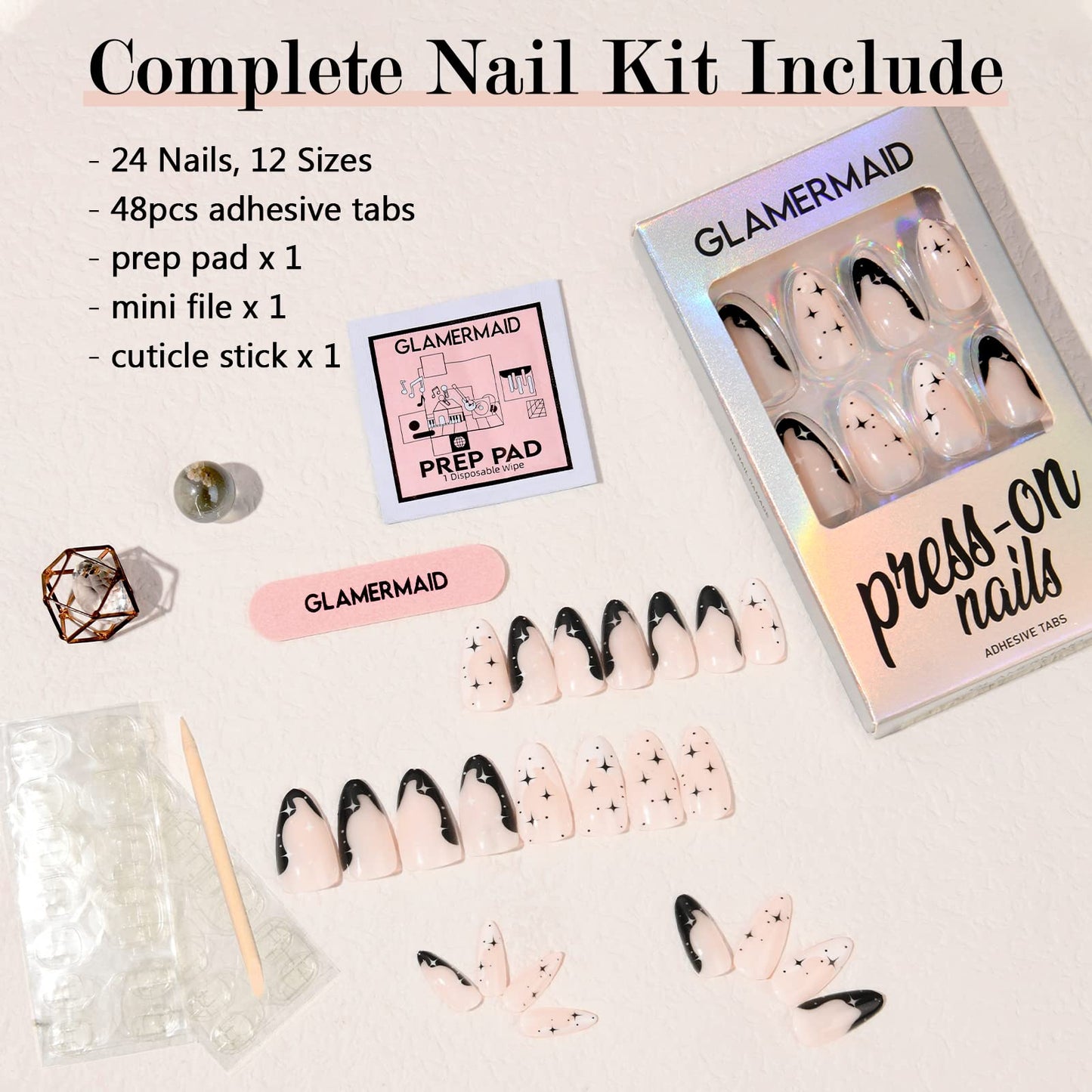 GLAMERMAID Nude Pink Press on Nails Medium Almond, Black White French Tip Stiletto Stick on Fake Nails for Women Gift, Nude Press on Nails Medium Almond， Glitter Star Short Oval Glue on Nails Gel