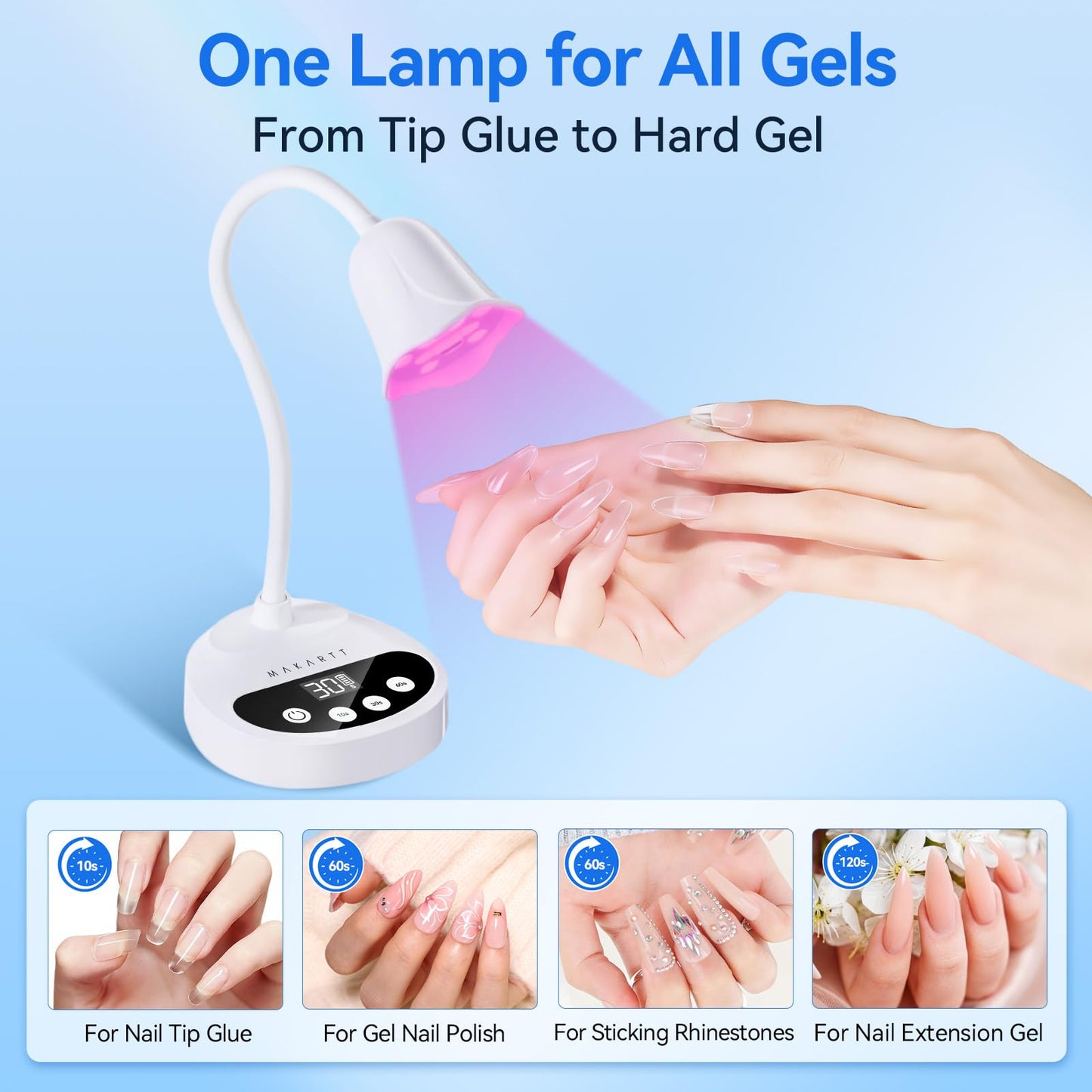 Makartt UV LED Nail Lamp: Portable Cordless 50 mW/cm² Flash Cure Nail Lamp for Gel X & Press-On Nails, Rechargeable USB Gooseneck Nail Dryer with Auto Sensor & 4 Timers for Gel Polish Travel Manicure