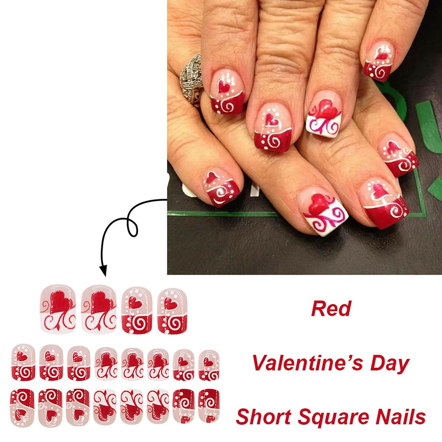Valentine's Red French Tip Press on Nails Short Square Red Love Heart White Polka Dots Design Full Cover Glossy Artificial Nails Valentine's Acrylic Naills Holiday Stick on Nails for Women