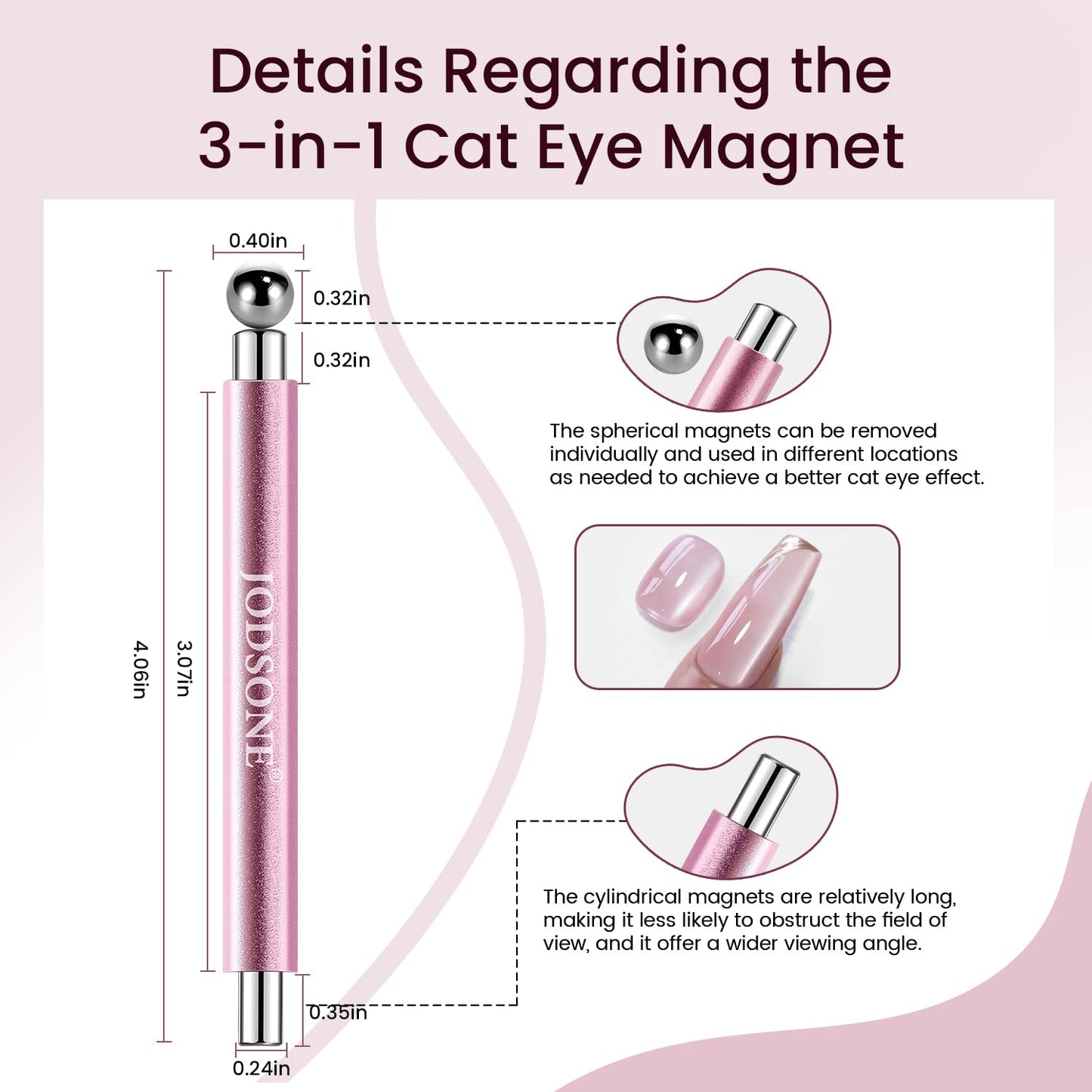 JODSONE 3-in-1 Cat Eye Magnet Nail Art Tool,Pink Gold Cylindrical & Round Ball Nail Magnet Pens, Multi-Effect Magnets for Cat Eye Gel Polish DIY at Home Salon(Magnet Only, No Gel Included)