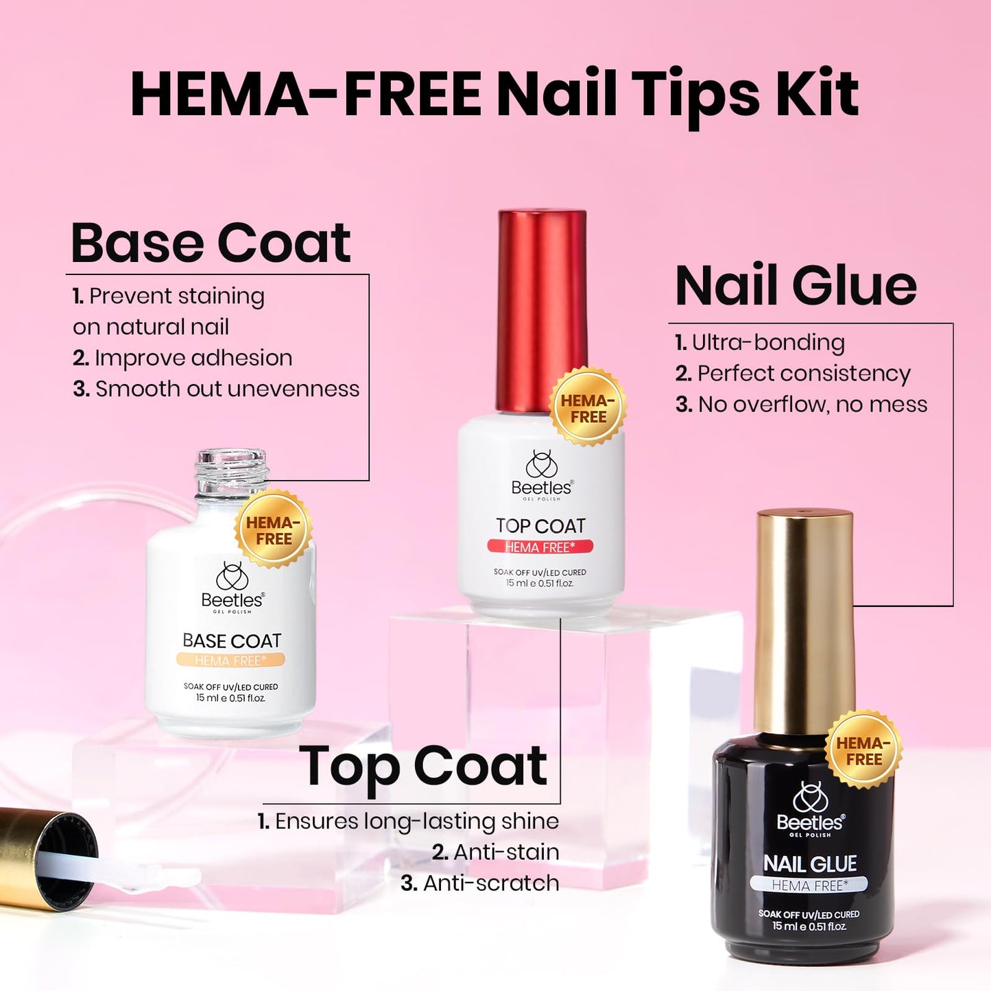 Beetles Gel Nail Kit Etch-X, Coffin Medium, 288pcs 12 Sizes Nail Tips, 3Pcs 15ml HEMA-Free Nail Glue Top Coat & Base Gel Set, with Mini Lamp, Press On Nail, Long Lasting Extension DIY Set at Home
