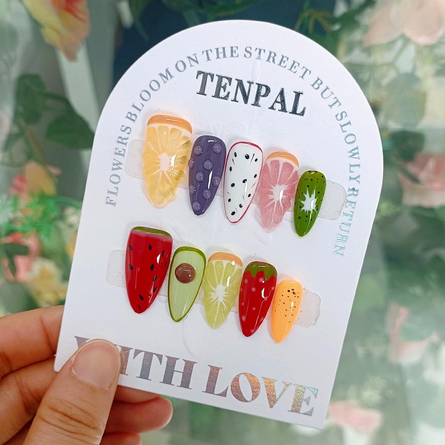 TENPAL Summer Fruit Press on Nails - Vibrant Almond Shaped Fake Nails with Kiwi, Watermelon & Avocado Designs | Reusable Colorful Nail Art for Women | Tropical Fruit Manicure Set (Medium Length,XS)